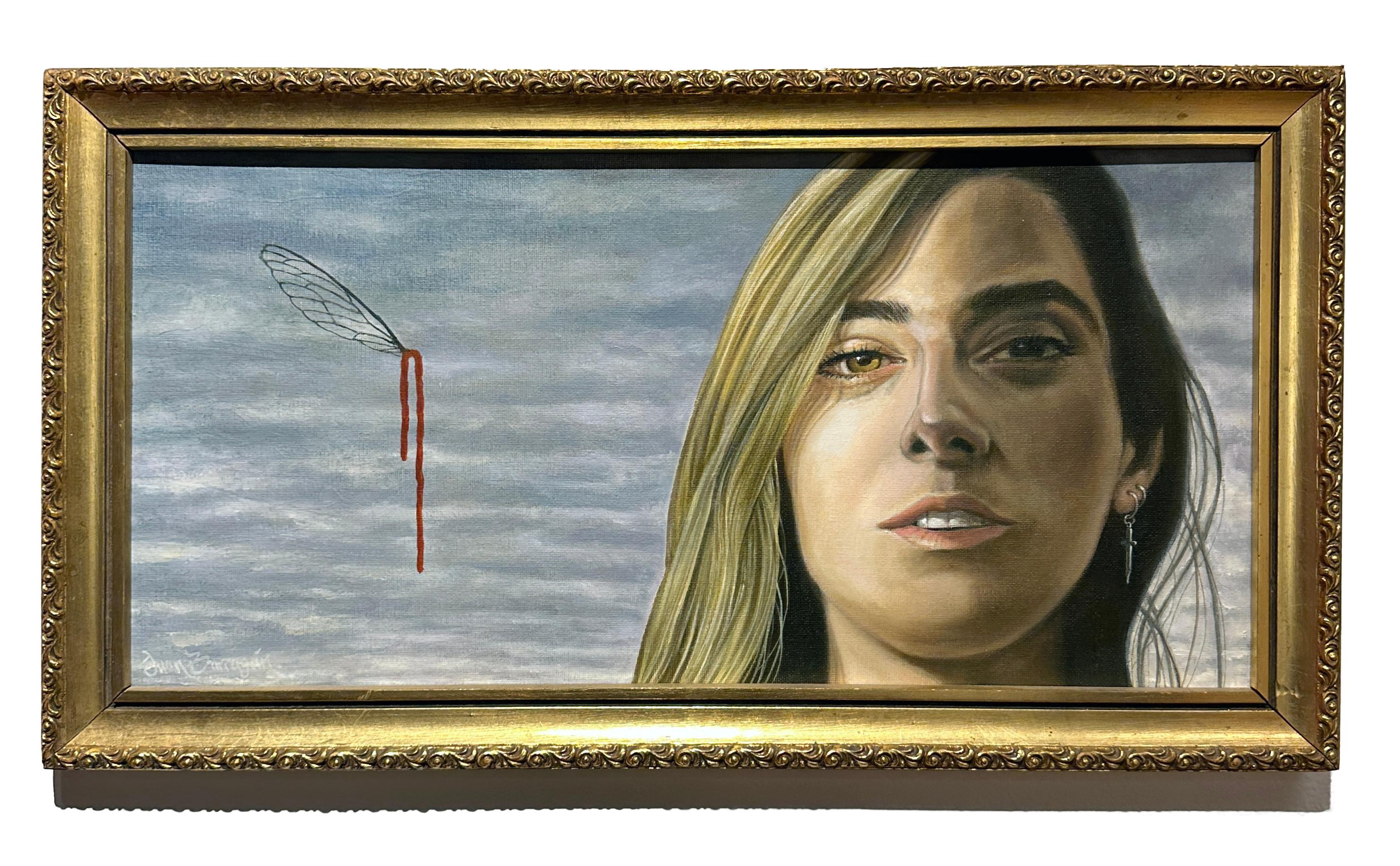 Adversary, Female Figure, Insect Wing on Cloudy Sky, Oil on Panel - Painting by Juan Barragán
