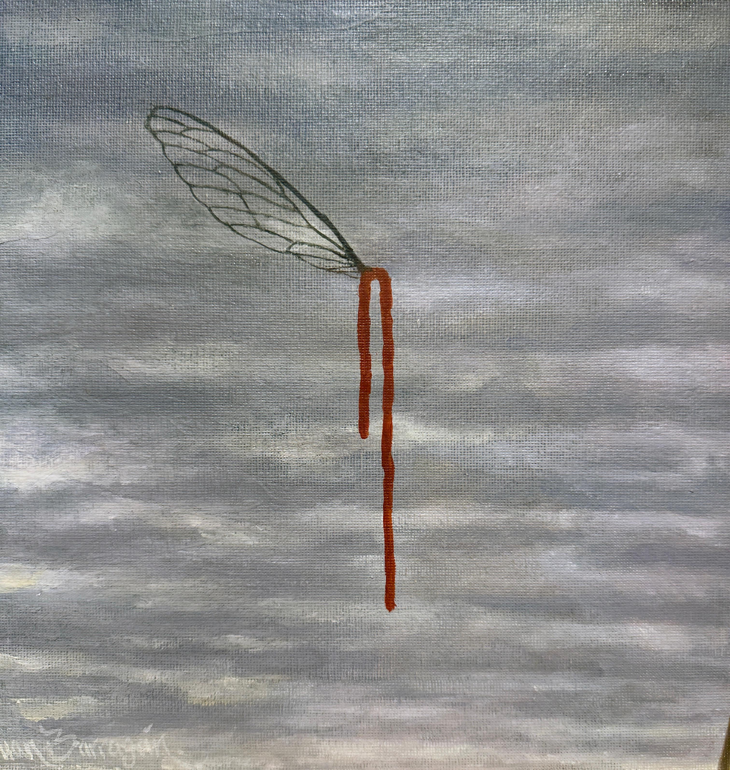 Adversary, weibliche Figur, Insektenflügel auf wolkenblauem Himmel, Öl auf Tafel im Angebot 3