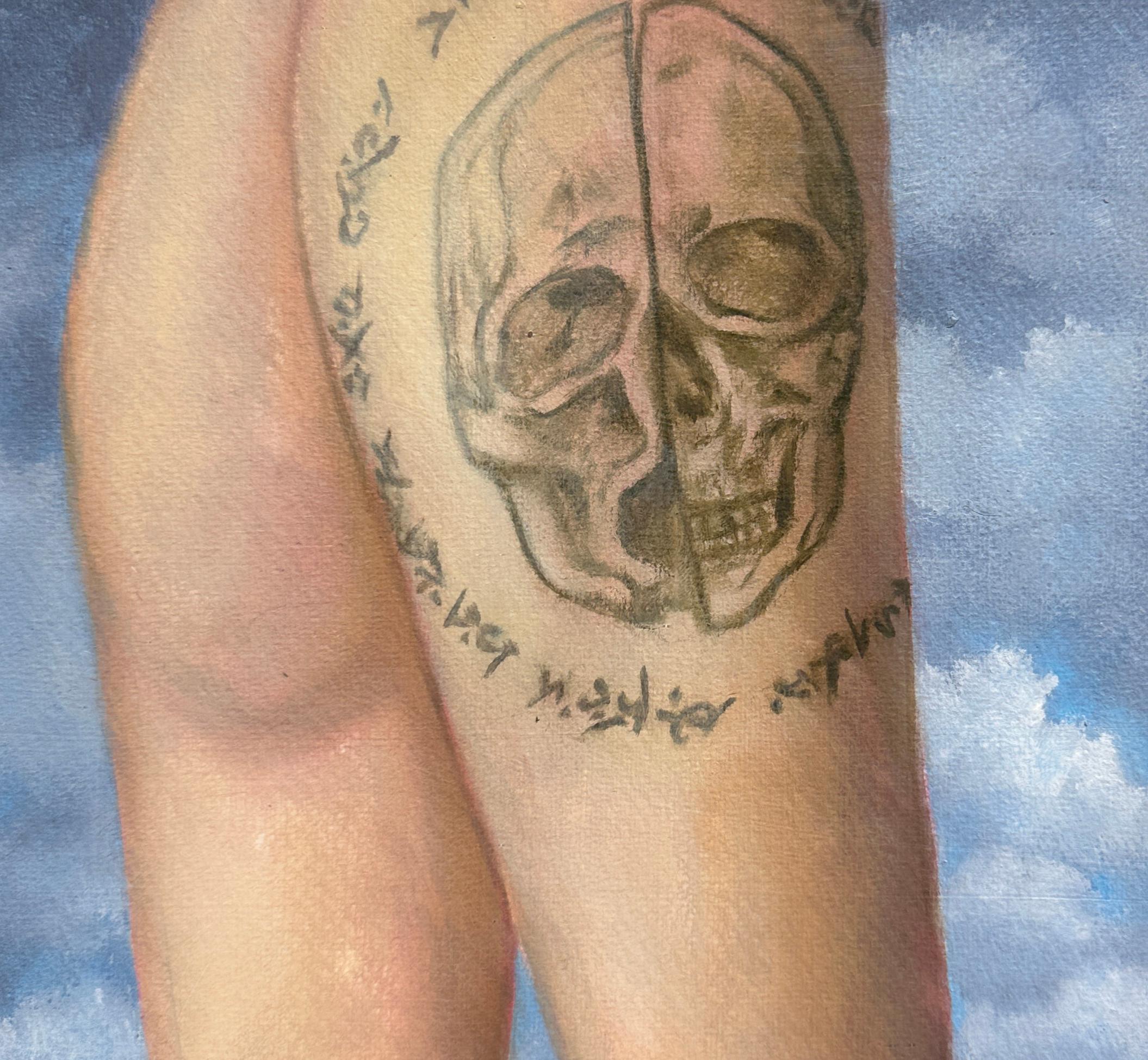 Exegesis - Dancer's Legs Emblazoned with a Skull Tattoo, Oil & Acrylic on Paper - Painting by Juan Barragán