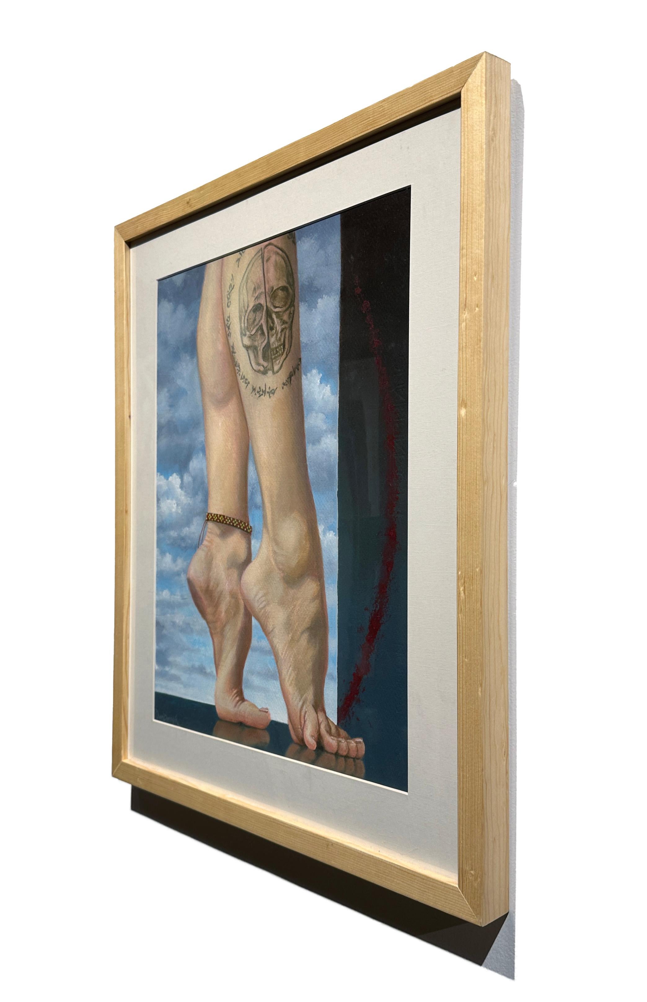 Exegesis - Dancer's Legs Emblazoned with a Skull Tattoo, Oil & Acrylic on Paper - Contemporary Painting by Juan Barragán