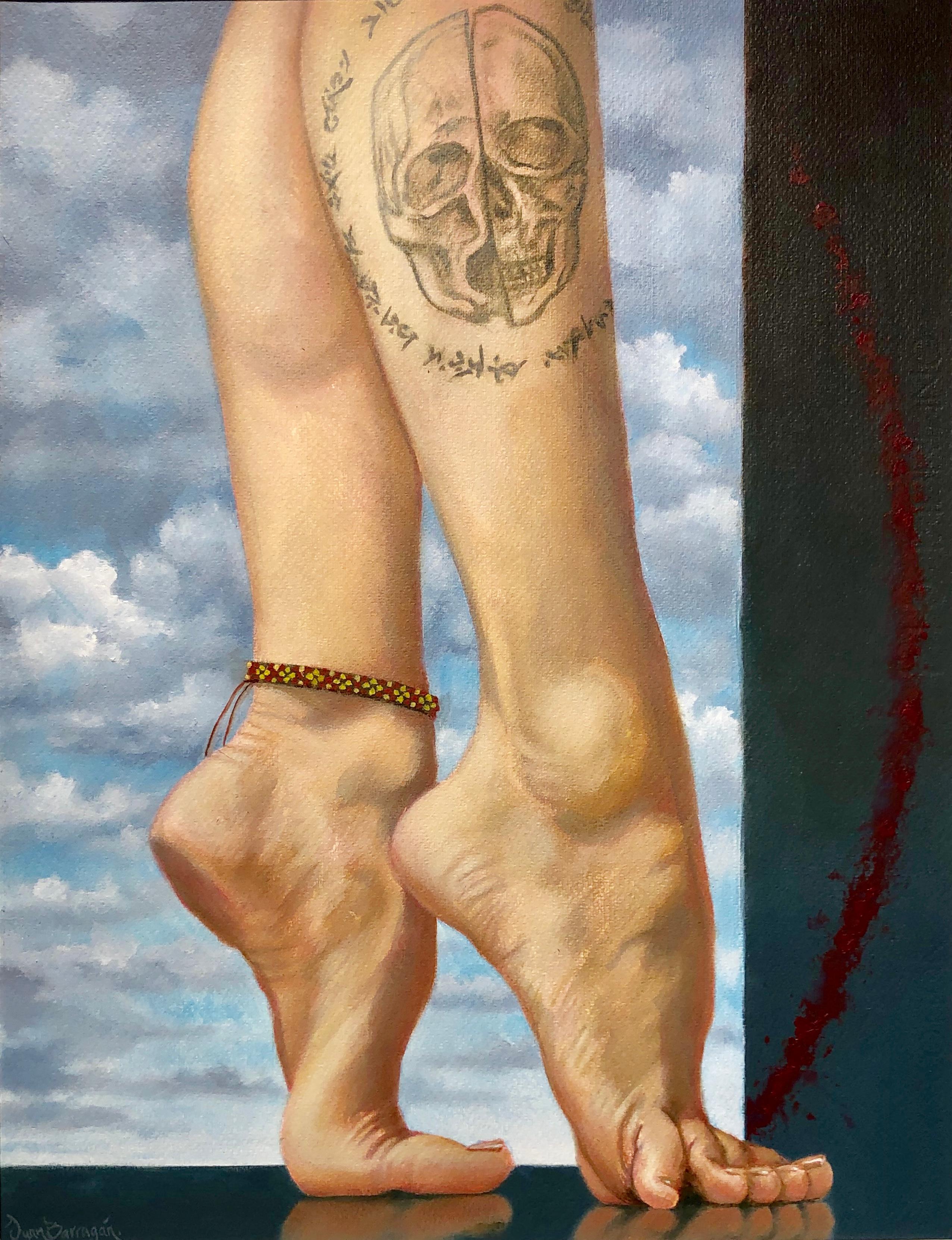 Juan Barragán Figurative Painting - Exegesis - Dancer's Legs Emblazoned with a Skull Tattoo, Oil & Acrylic on Paper