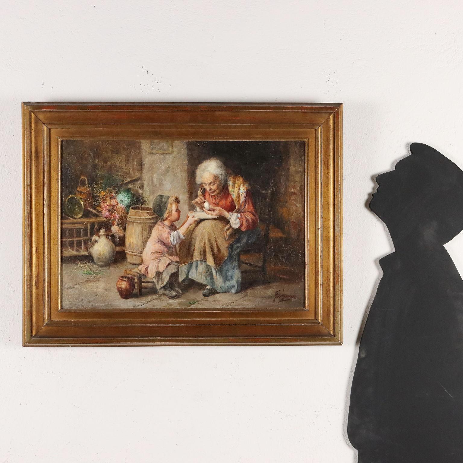 Scena con Nonna e Bambino XIX secolo - Painting by Juan bautista Guzman