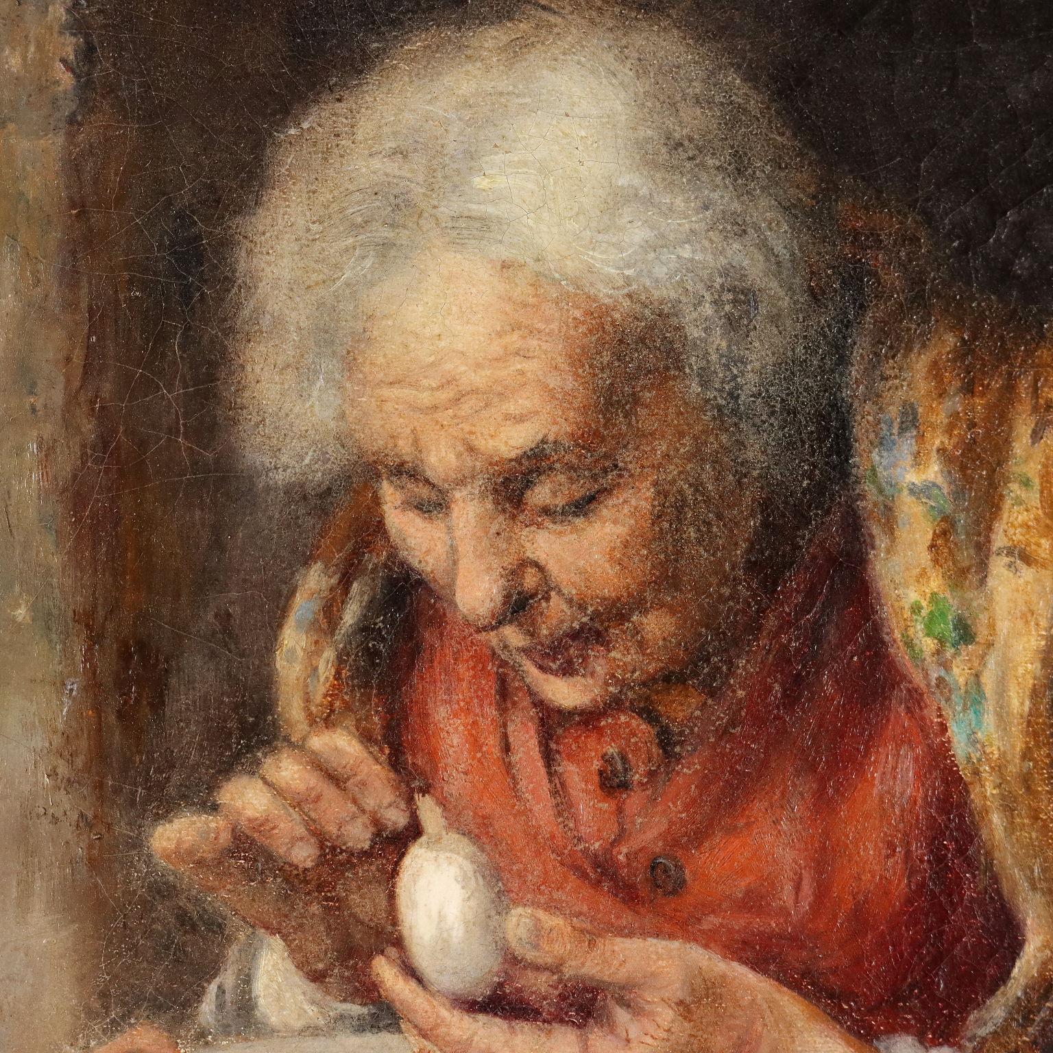 Olio su tela. Firmato in basso a destra.
La scena, ambientata in un interno popolare, vede una donna anziana seduta su un a seggiolina, impegnata a preparare un uovo per il nipotino, seduto davanti a lei, concentrato nell' attesa del cibo, mentre