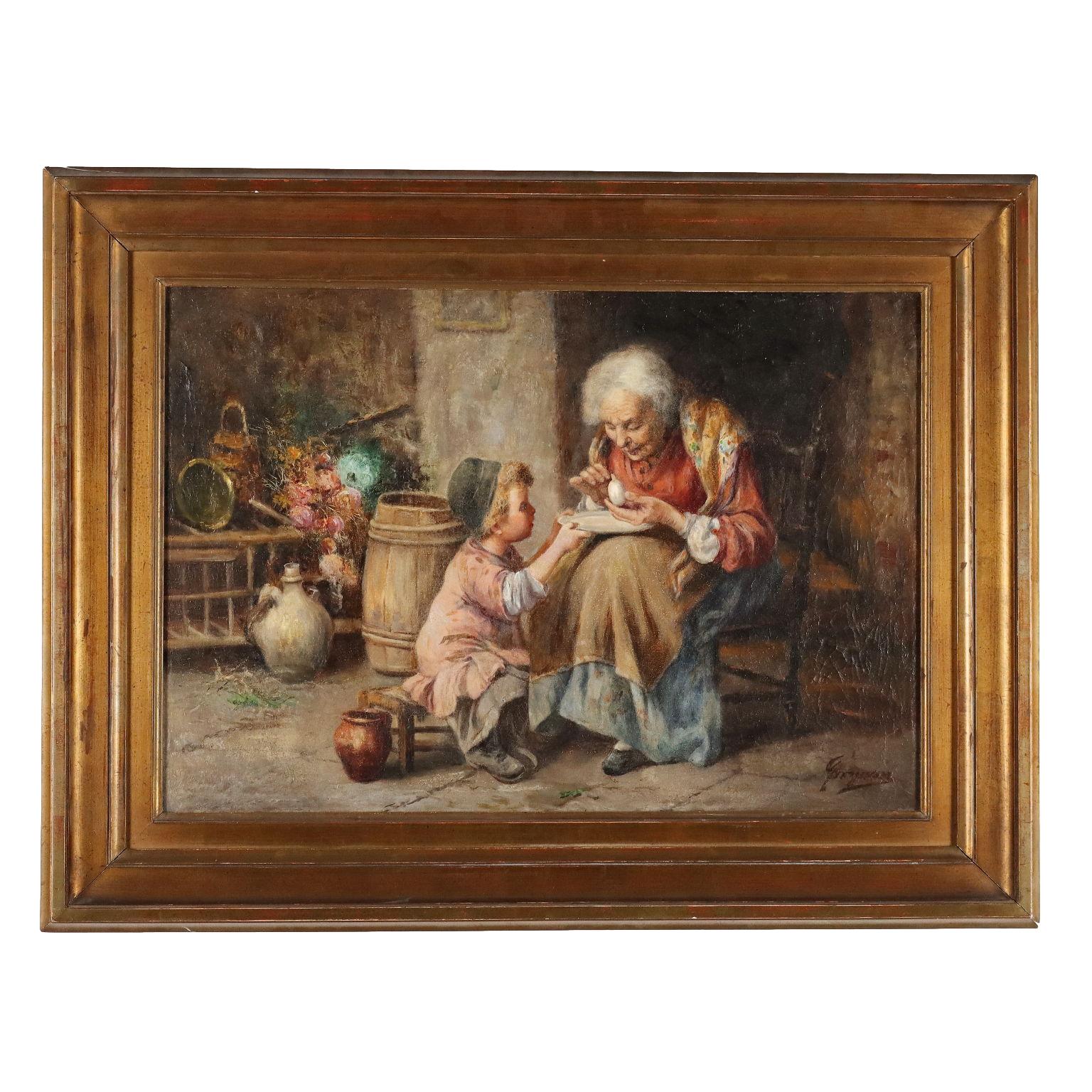 Juan bautista Guzman Figurative Painting - Scena con Nonna e Bambino XIX secolo