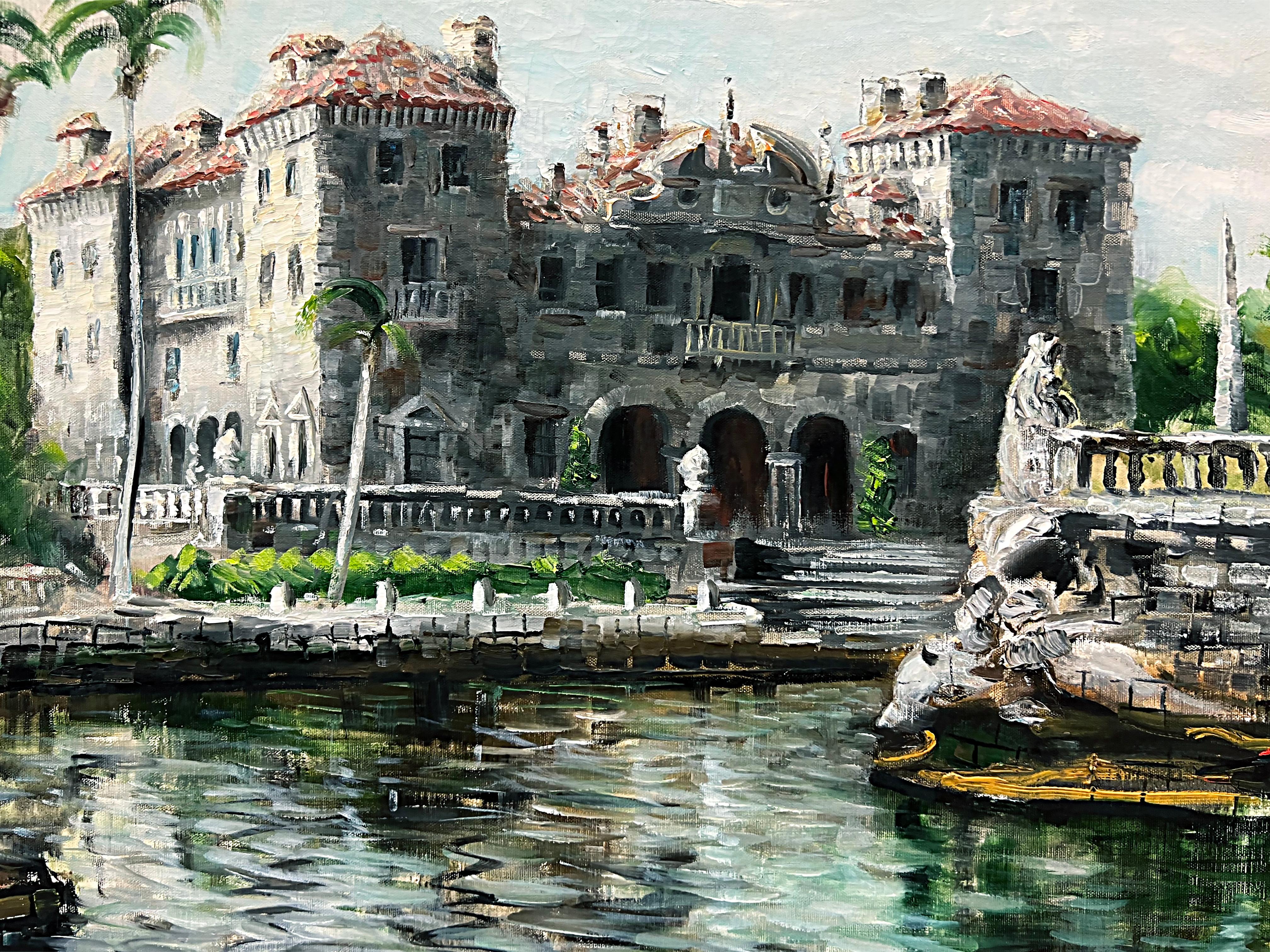 Juan Bosco Modesto Paz Camps 1969 Vizcaya pintura al óleo 

Se ofrece a la venta un óleo de época del Palacio Vizcaya desde la barcaza rompeolas de piedra vista al mar del patio trasero. Este cuadro de época está creado en estilo impresionista y