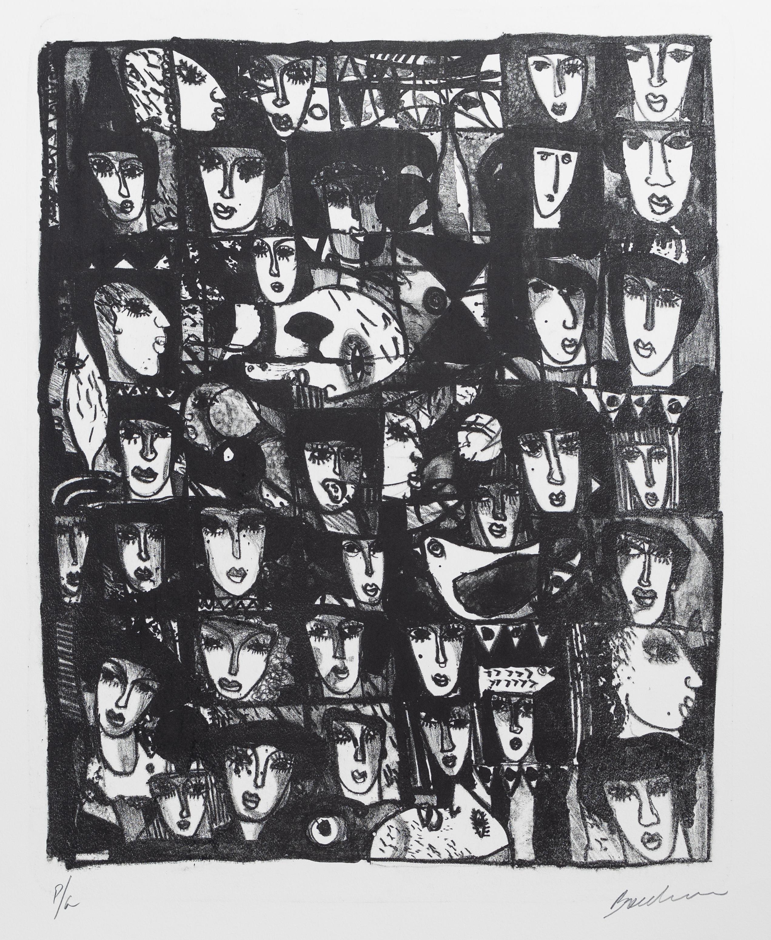 Juan Carlos Breceda Figurative Print - Faces, Black and White - Figurative Portrait