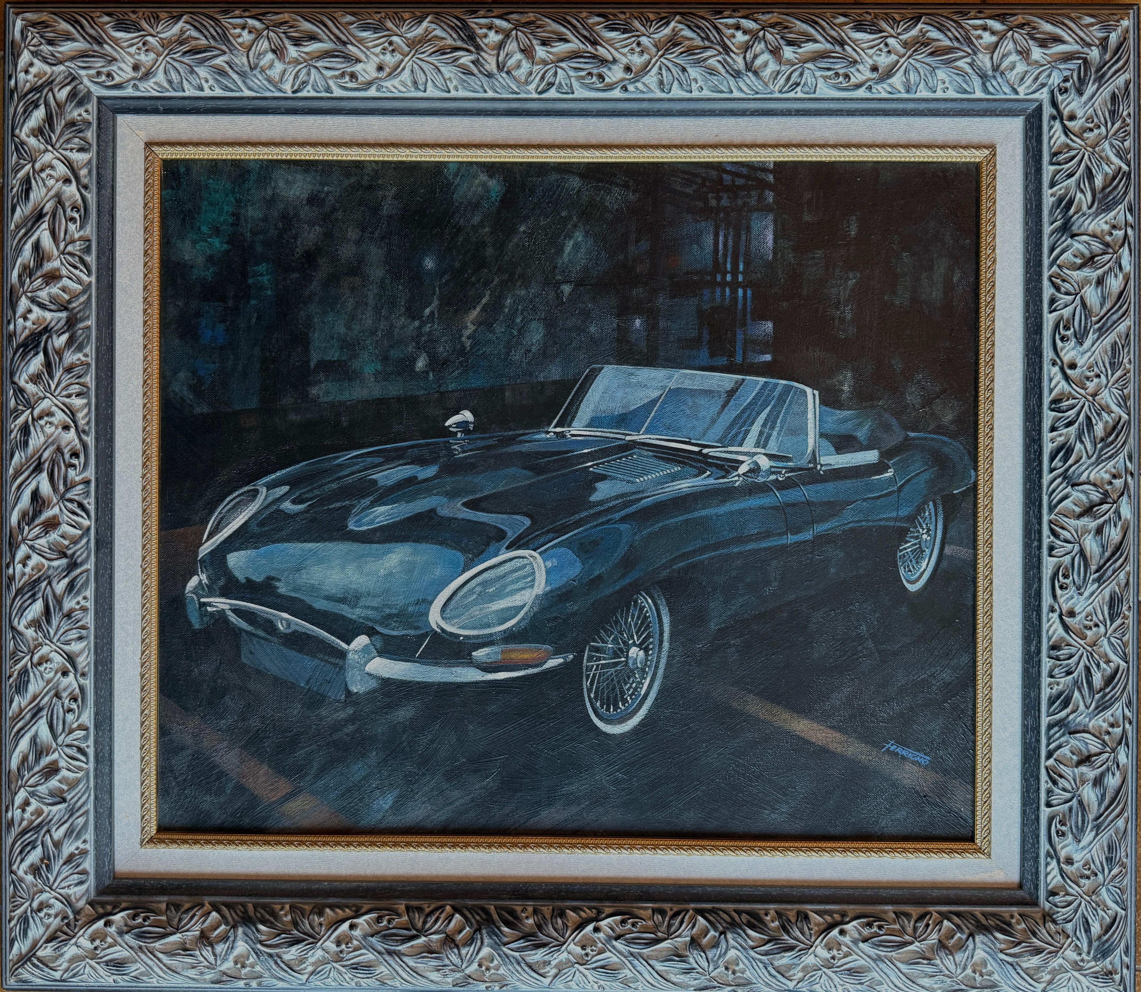 Jaguar E-Type Roadster (Serie 1) Öl auf Leinwand Gemälde – Painting von Juan Carlos Ferrigno
