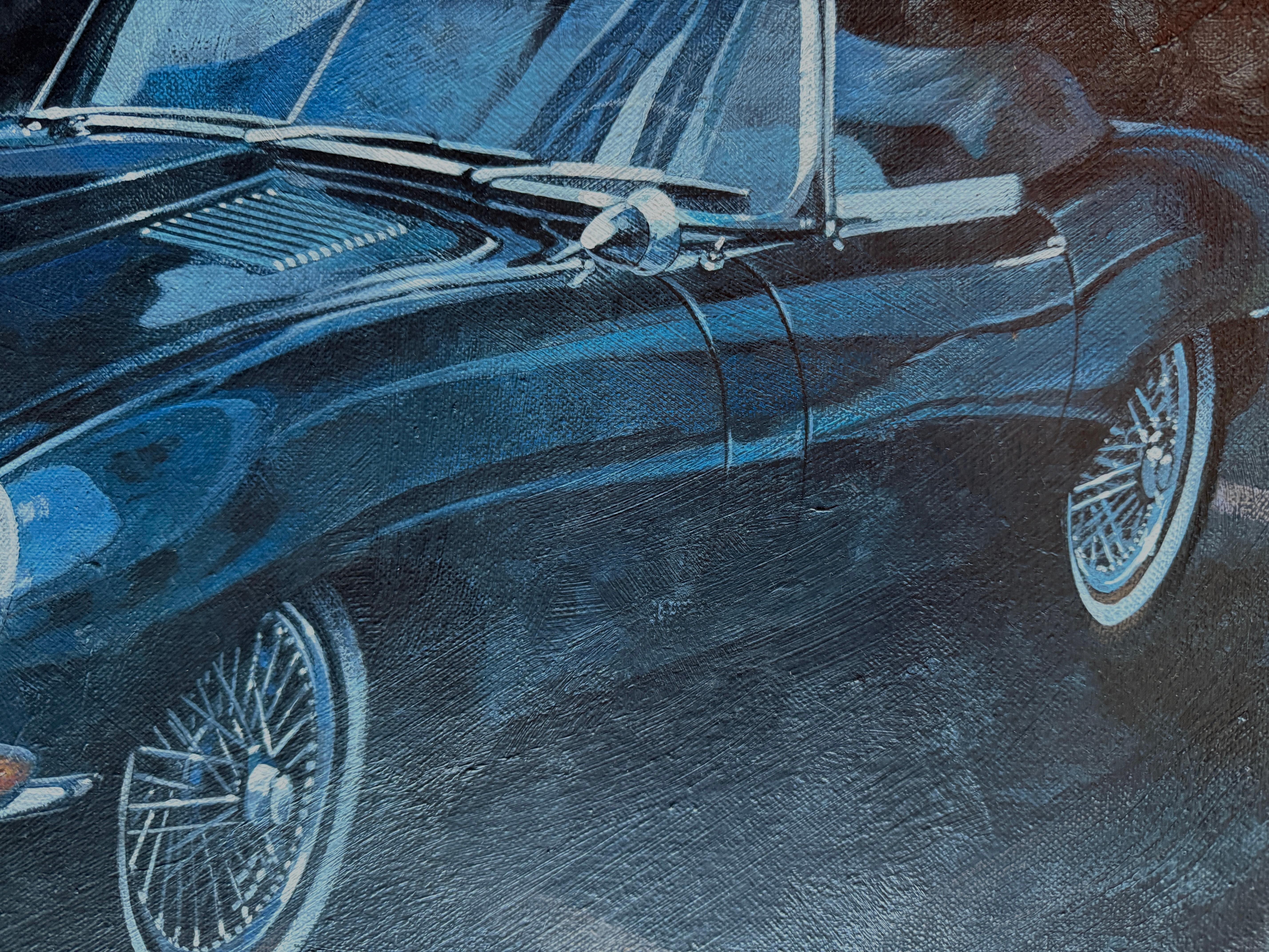 Jaguar E-Type Roadster (Serie 1) Öl auf Leinwand Gemälde (Schwarz), Figurative Painting, von Juan Carlos Ferrigno
