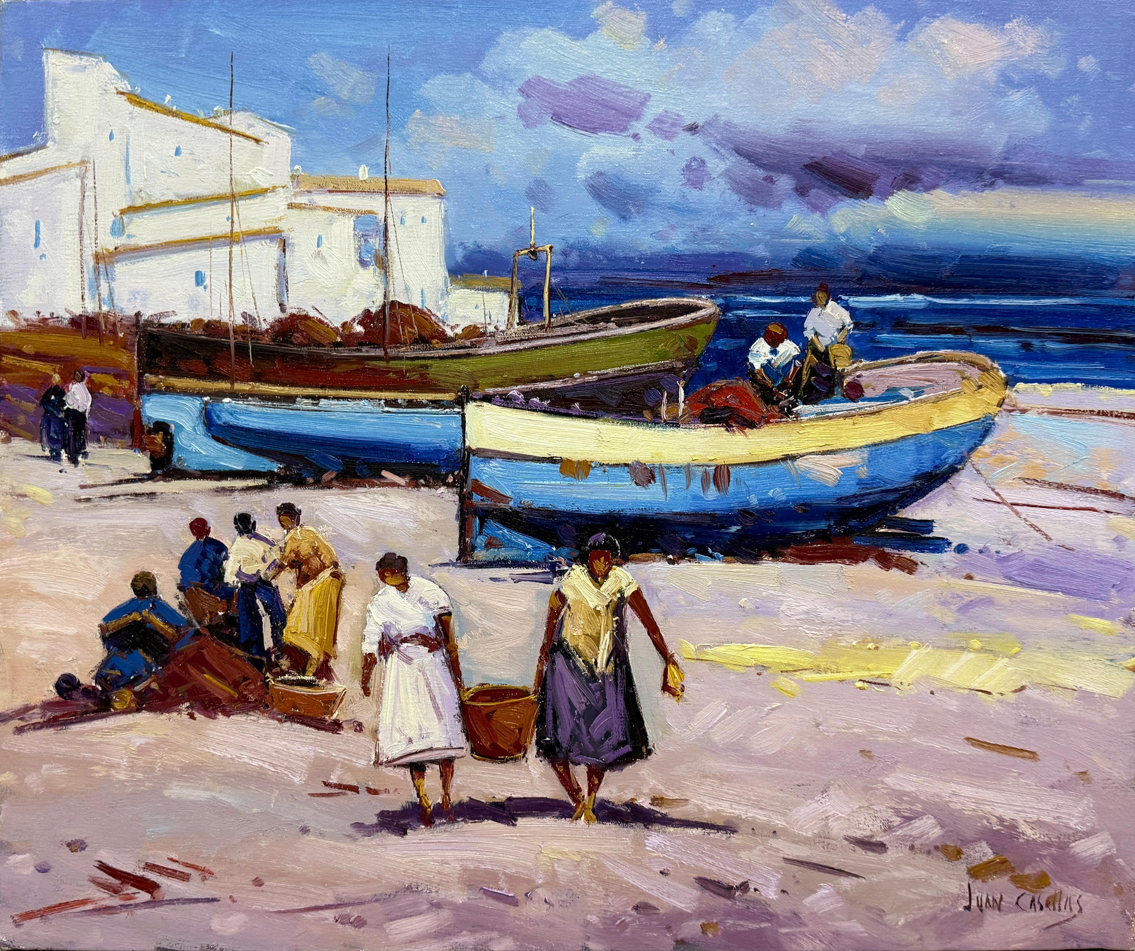 Juan Casellas  Figurative Painting - Mediterranean Harbor Scene with Boats and Figures Spanish Oil Canvas Painting