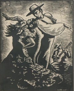 Post War Spanish Black and White Woodcut of "Andalucia" Flamenco Dancers, Signed