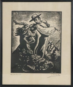 Post War Spanish Black and White Woodcut of "Andalucia" Flamenco Dancers, Signed