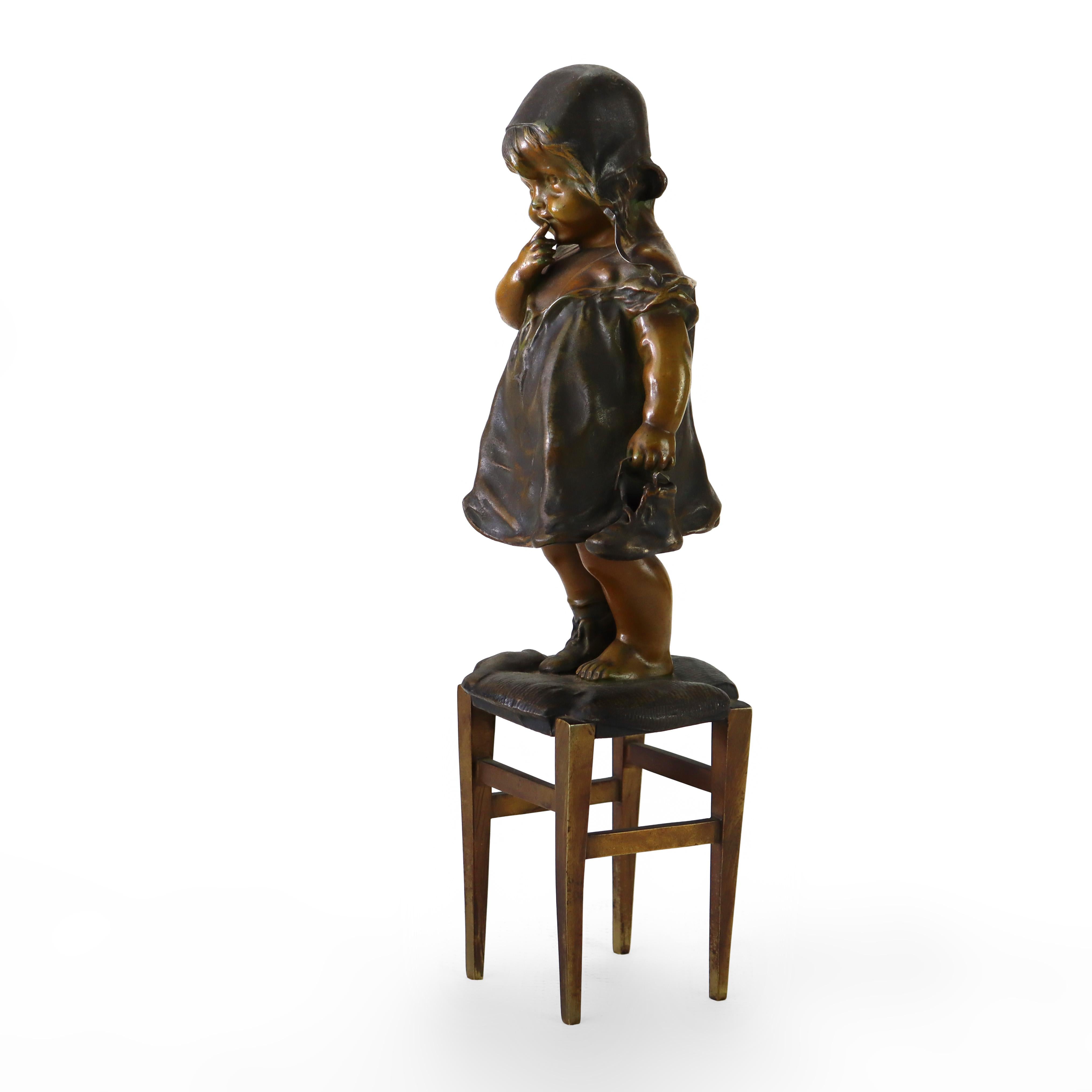 XX secolo Juan Clara 1st Edition Bronze Figure “Girl On The Stool” C1900 in vendita