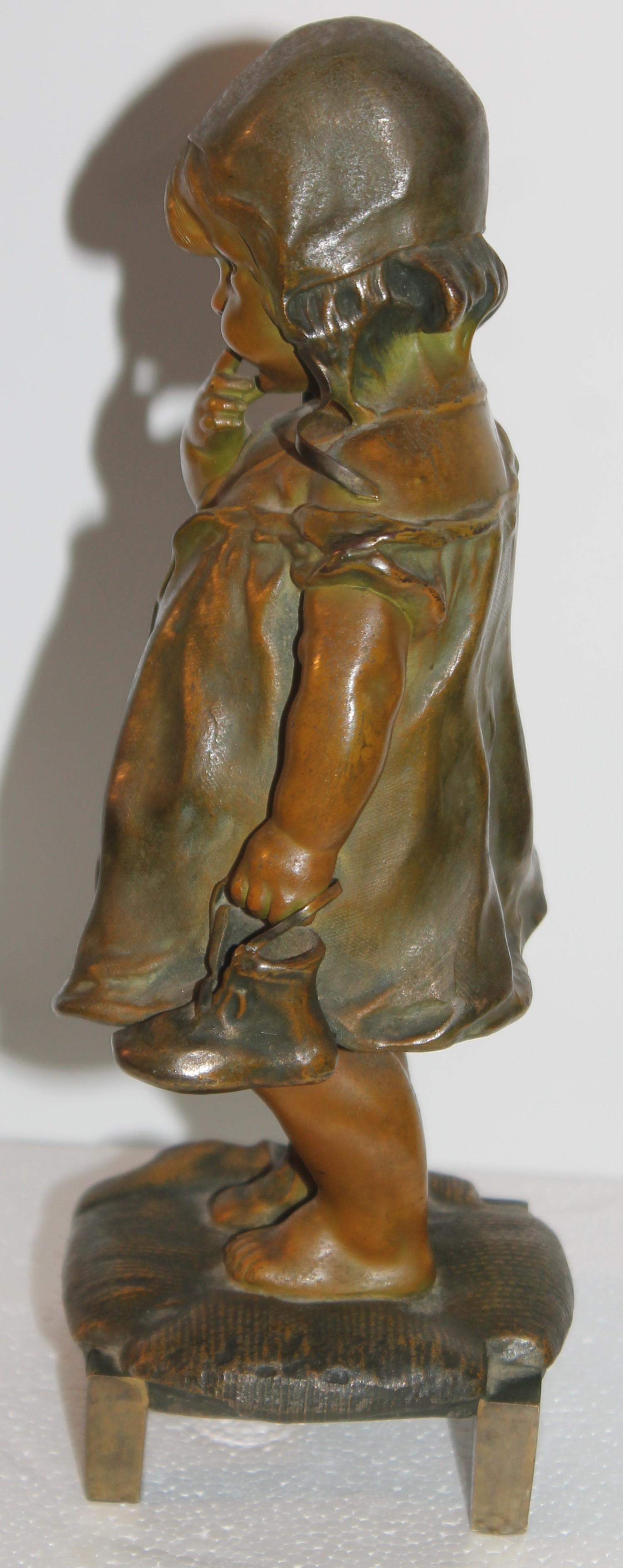 North American Juan Clara Art Noveau Girl on Stool  Bronze Sculpture Holding Shoe in Hand