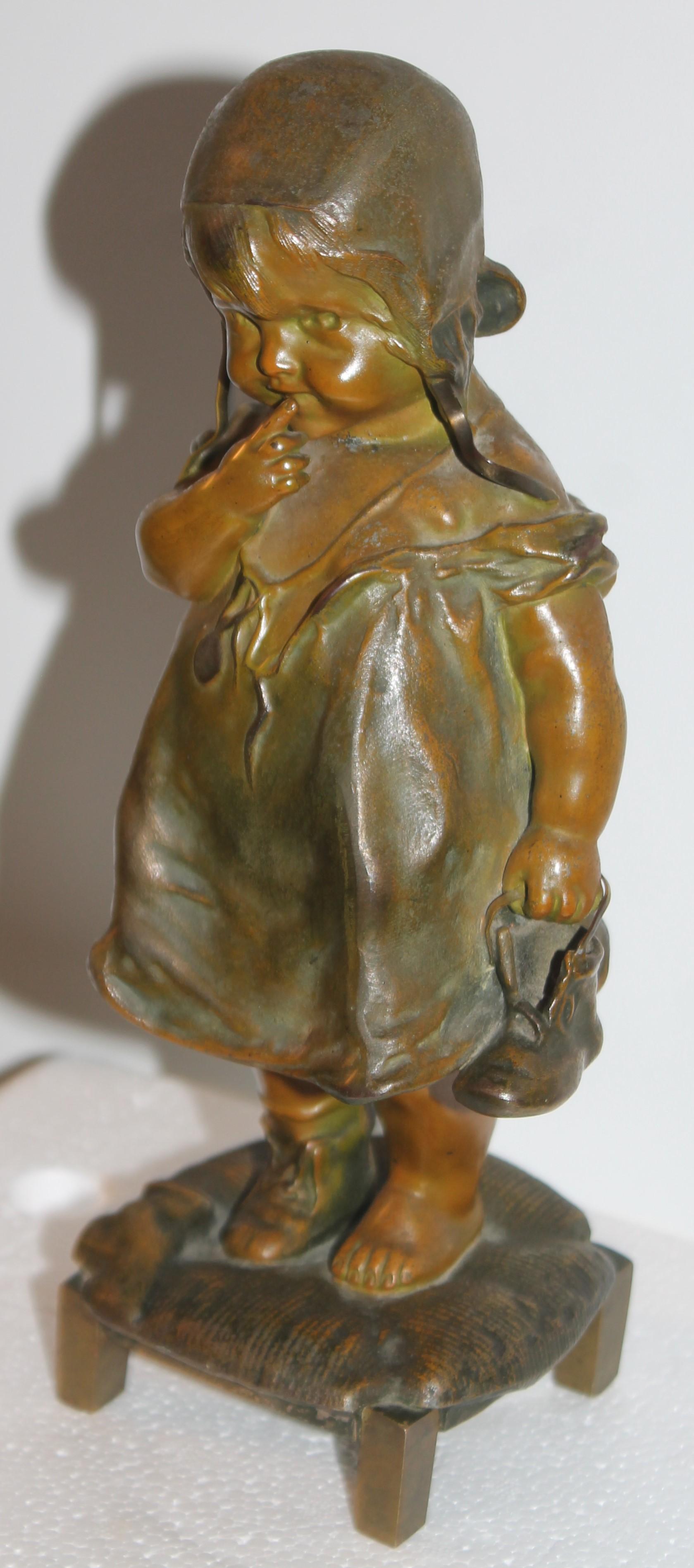 Hand-Crafted Juan Clara Art Noveau Girl on Stool  Bronze Sculpture Holding Shoe in Hand
