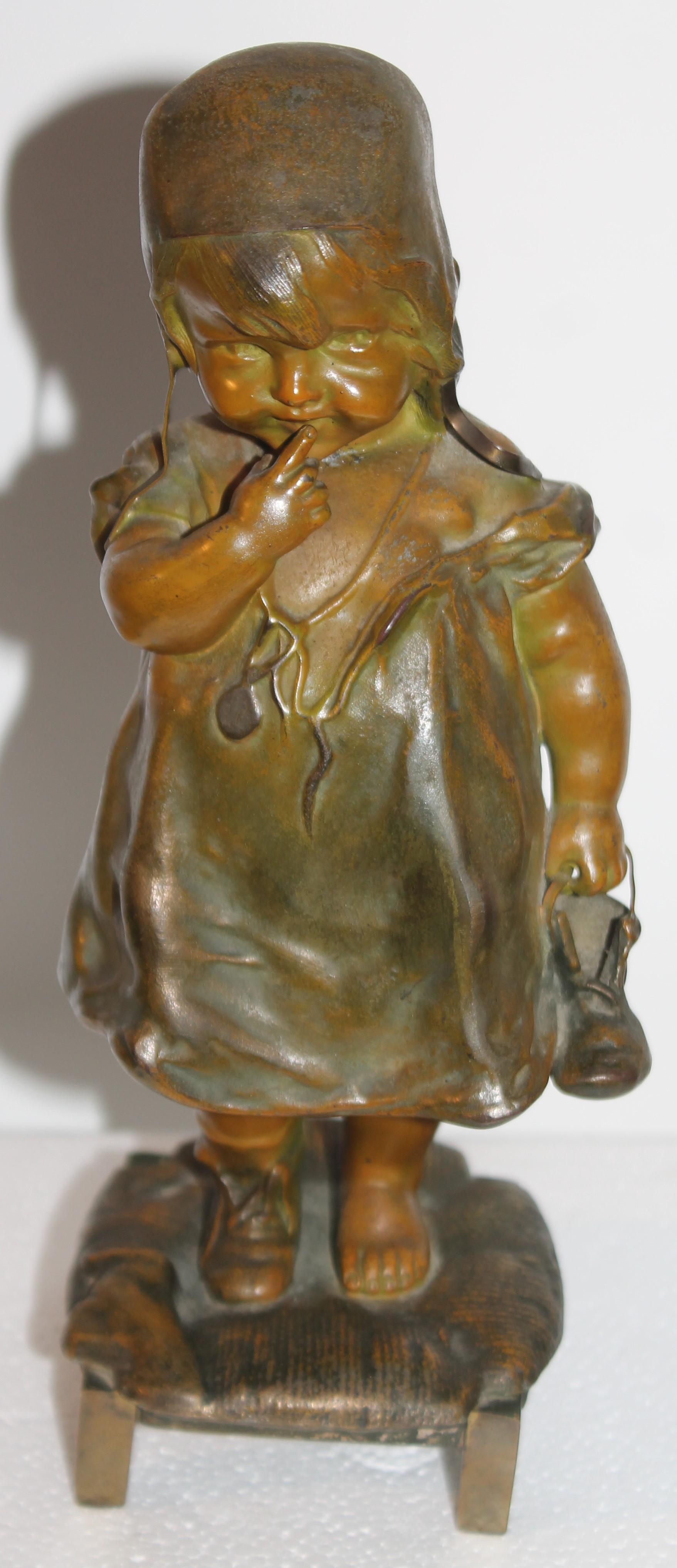 Juan Clara Art Noveau Girl on Stool  Bronze Sculpture Holding Shoe in Hand In Good Condition In Los Angeles, CA