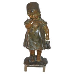 Juan Clara Art Noveau Girl on Stool  Bronze Sculpture Holding Shoe in Hand