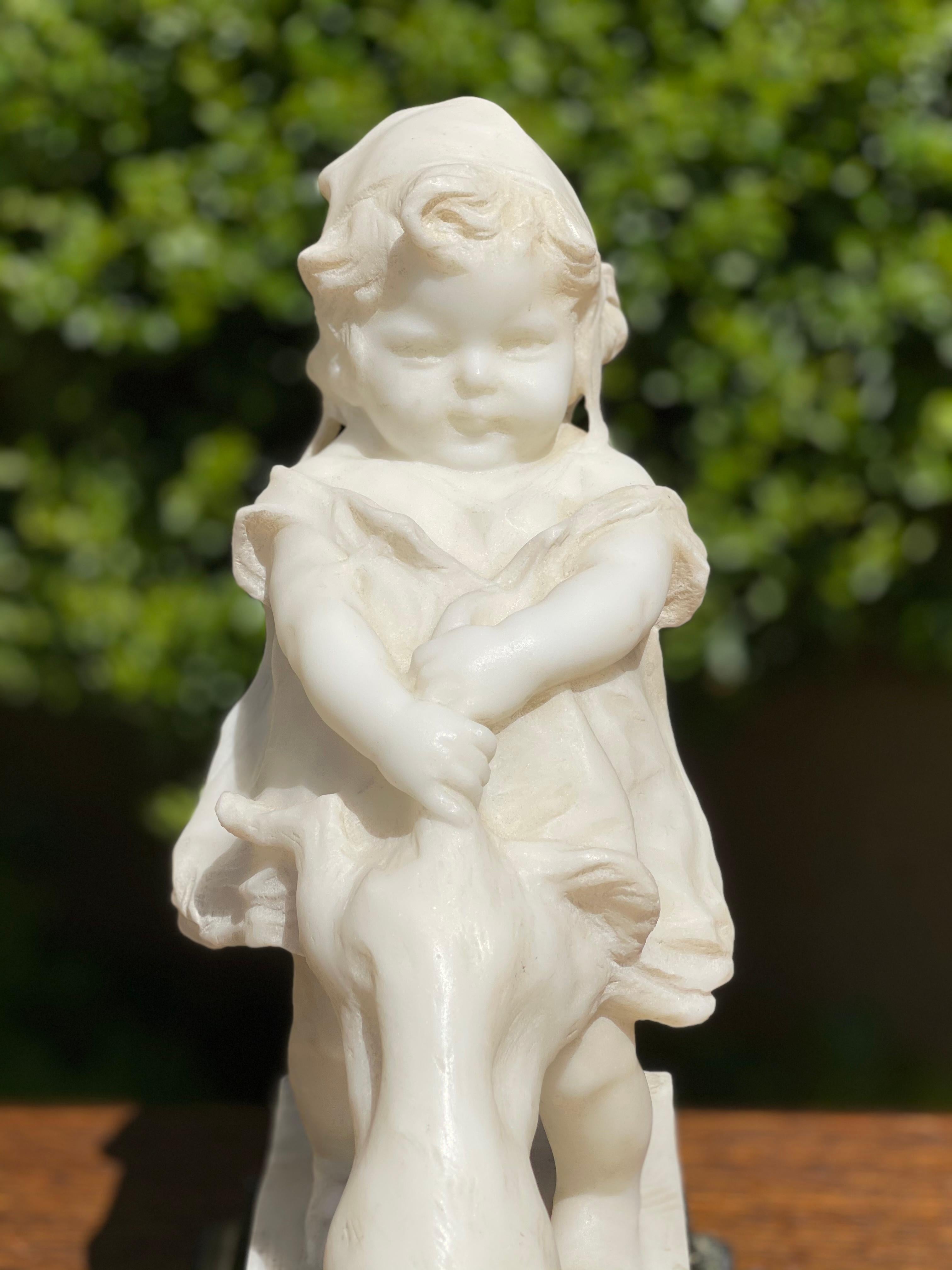 French Juan Clara, Young Girl and the Cat, Carrara Marble, 19th Century For Sale