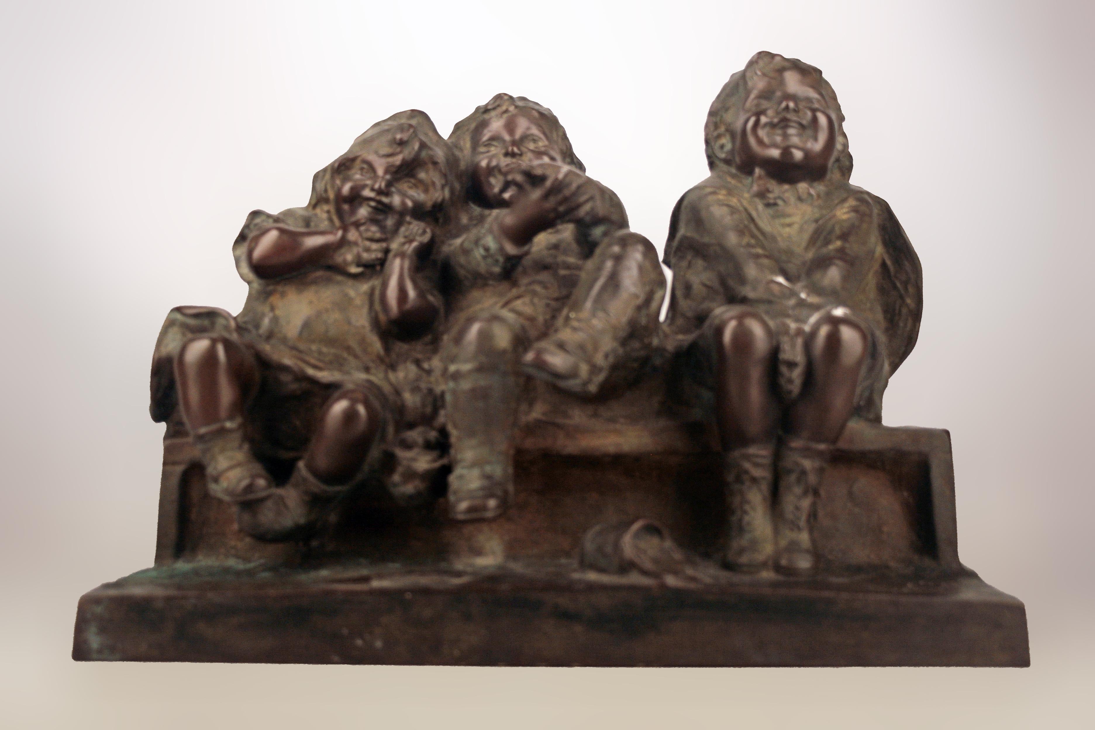 Juan Clara's 'Watching Something': Spanish Bronze Sculpture of Children on Bench For Sale 4