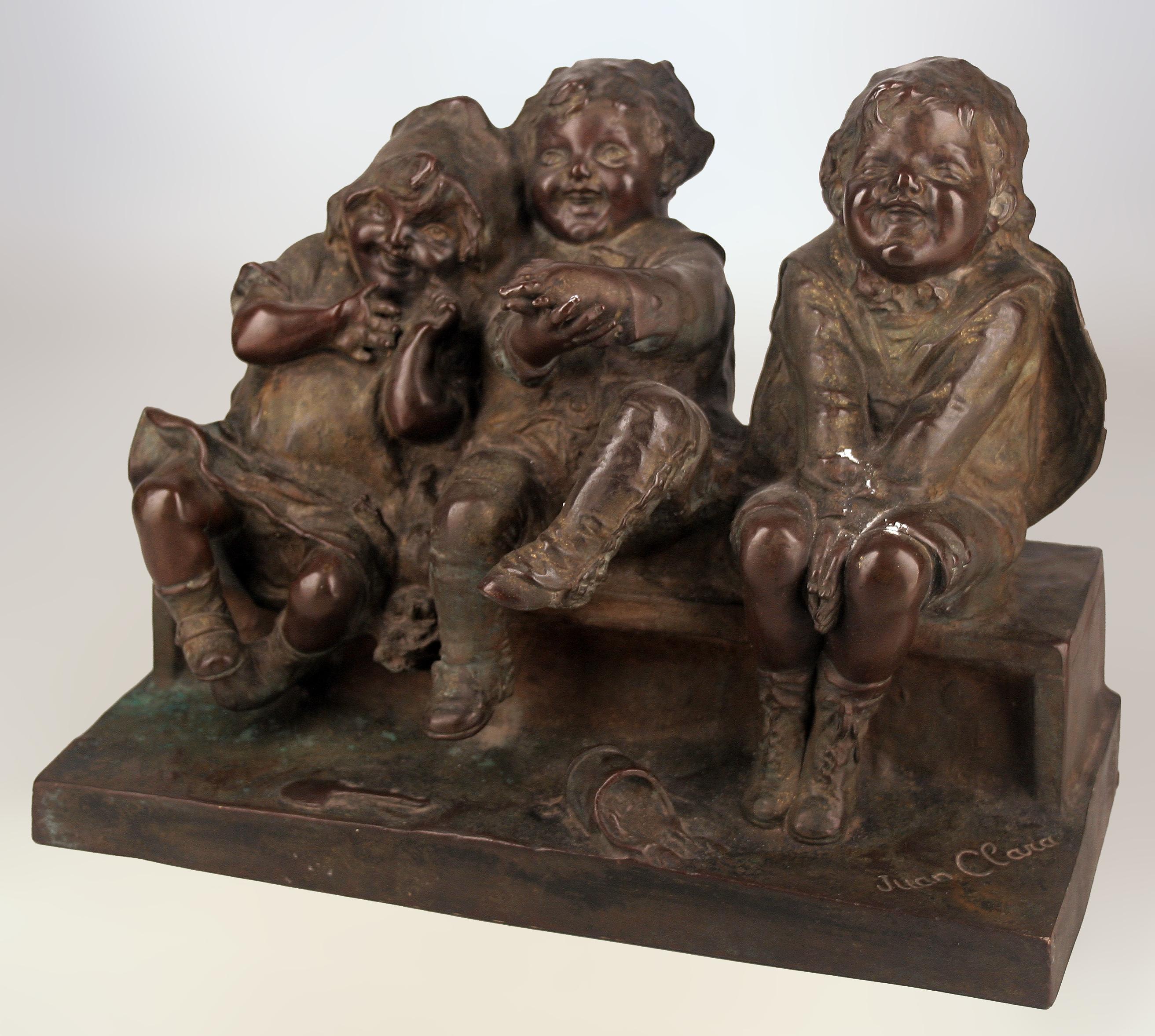 'Watching Something': patinated bronze sculpture of three children laughing and sitting on a bench by spanish artist Juan Clara

By: Juan Clara
Material: bronze, copper, metal
Technique: cast, patinated, carved, pressed, metalwork
Dimensions: 5.5 in