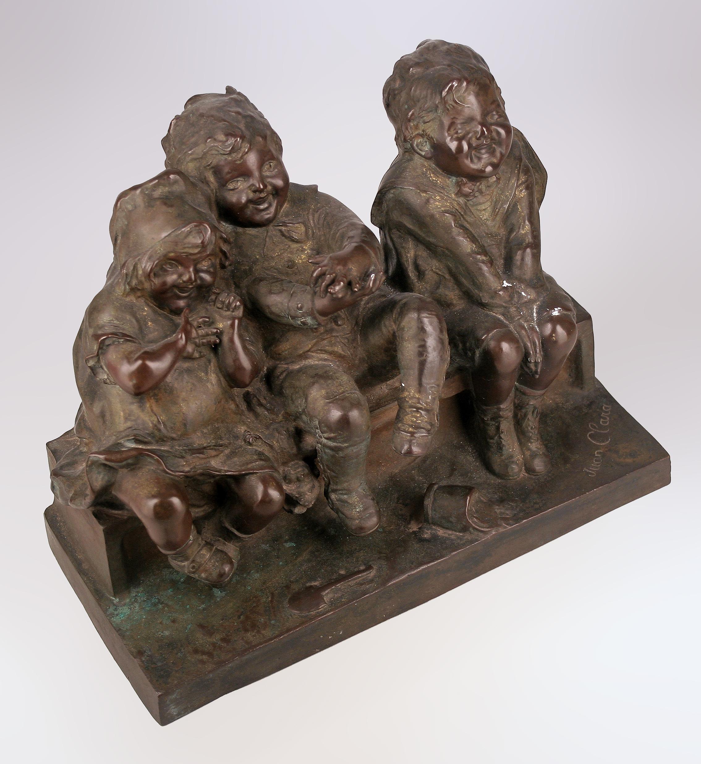 Romantic Juan Clara's 'Watching Something': Spanish Bronze Sculpture of Children on Bench For Sale