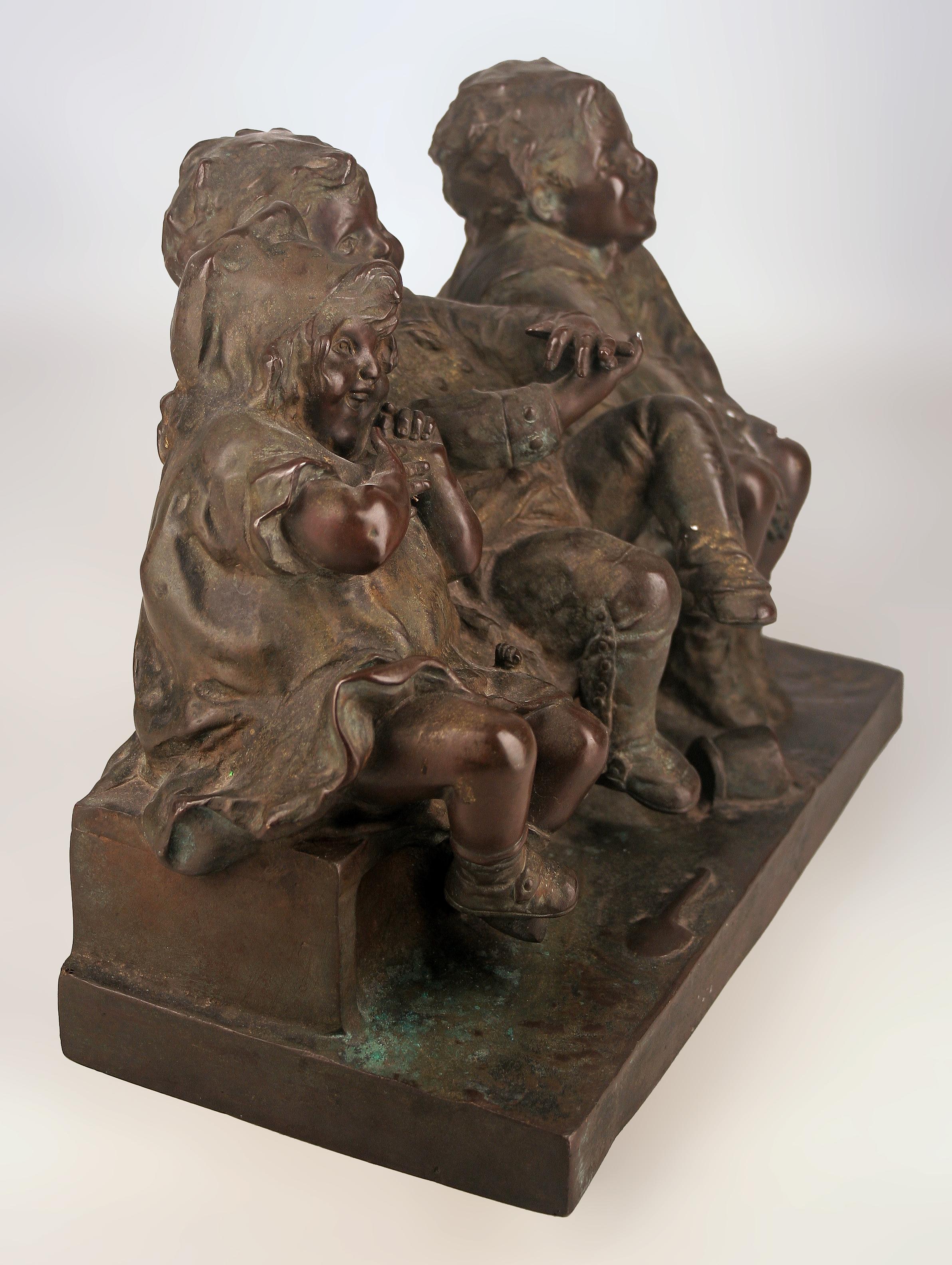 Patinated Juan Clara's 'Watching Something': Spanish Bronze Sculpture of Children on Bench For Sale