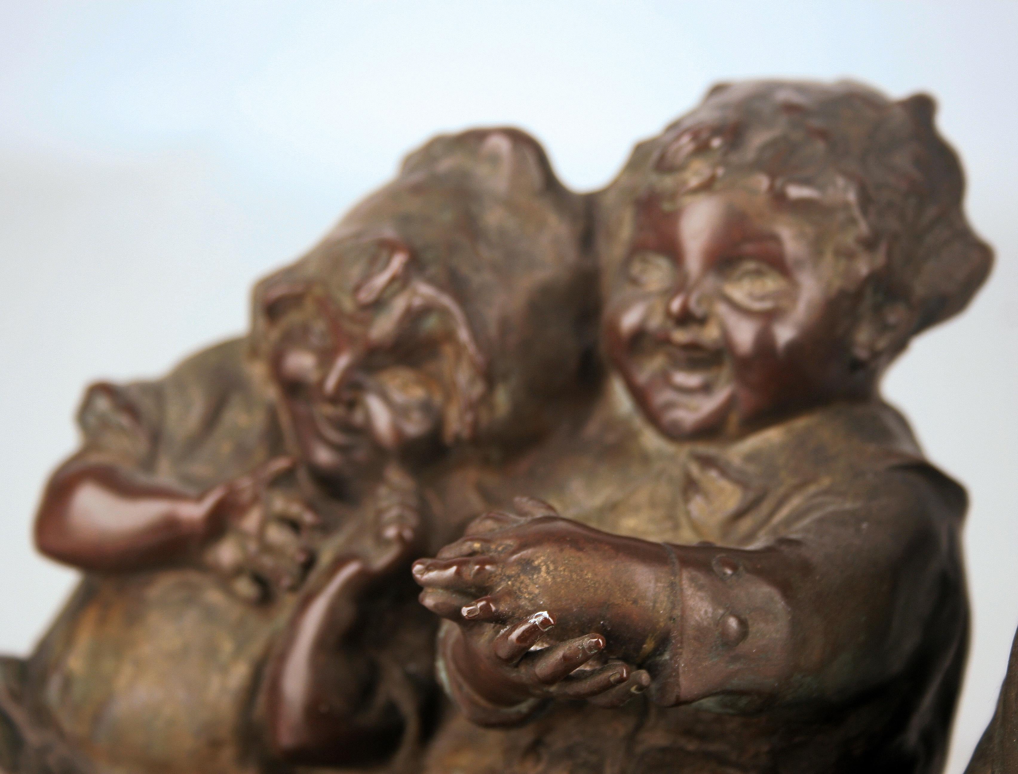 Copper Juan Clara's 'Watching Something': Spanish Bronze Sculpture of Children on Bench For Sale