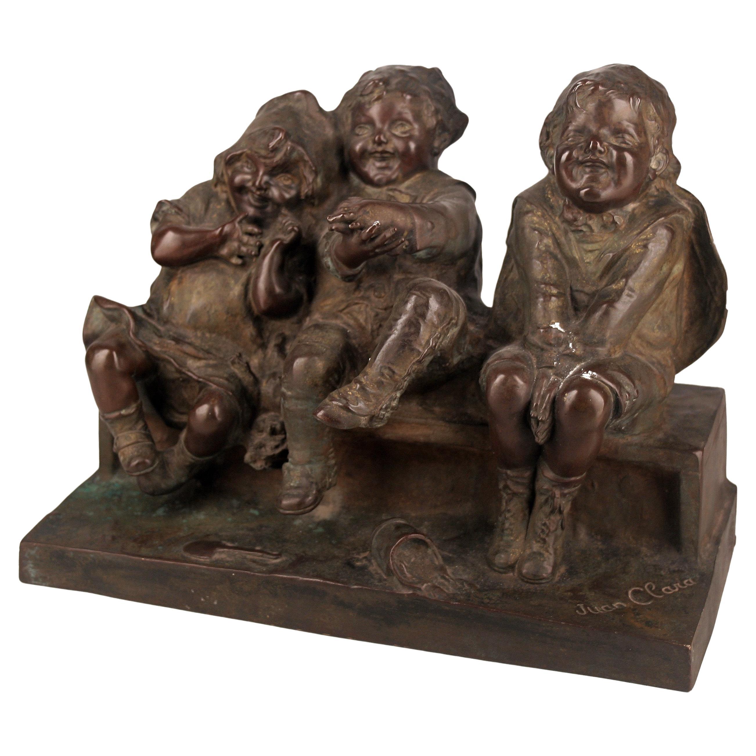 Juan Clara's 'Watching Something': Spanish Bronze Sculpture of Children on Bench For Sale