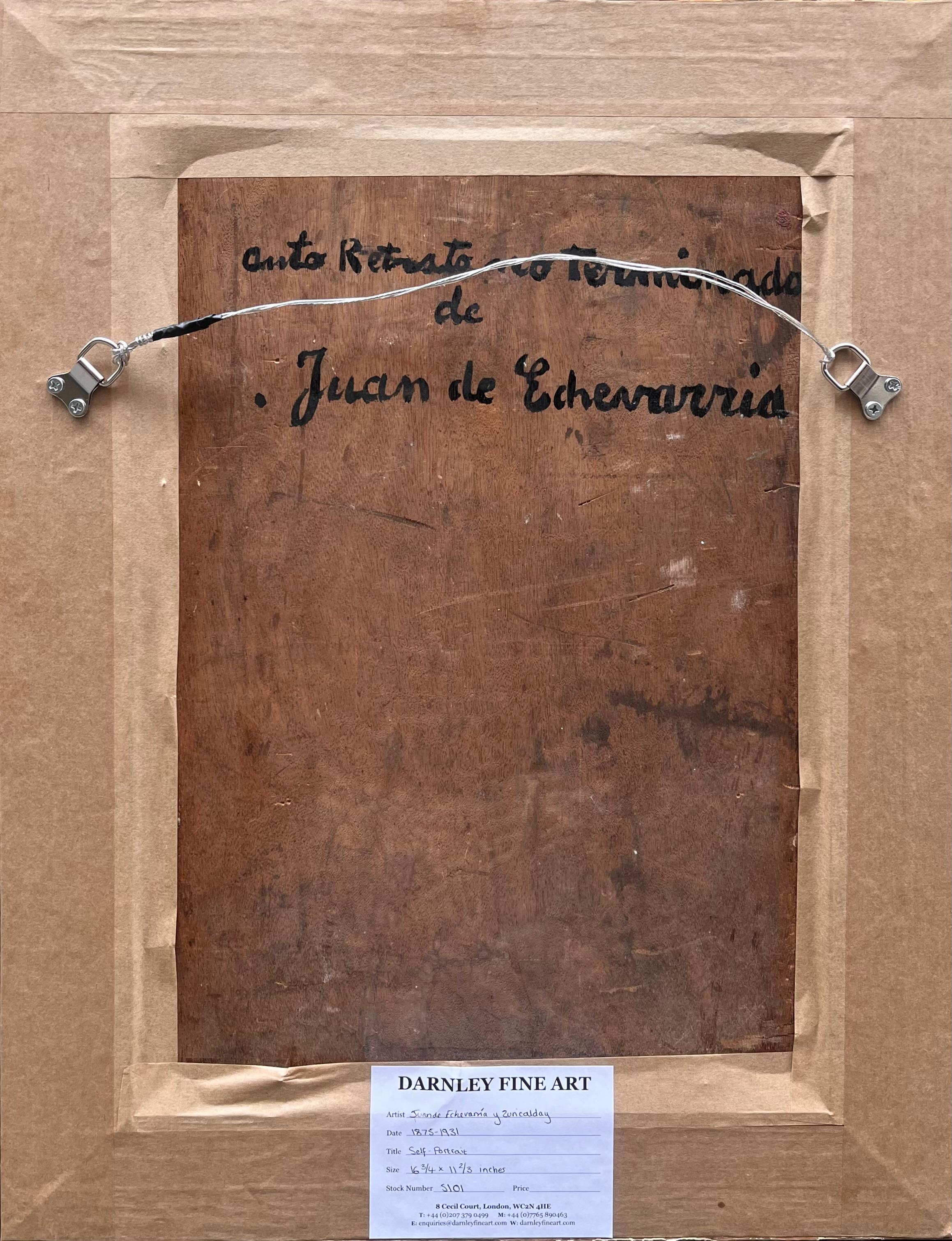 Juan de Echevarría y Zuricalday
Autoritratto
1875-1931
Olio su cartoncino su tavola, firmato e intitolato verso
Dimensioni dell'immagine: 16 3/4 x 11 2/3 pollici (42,5 x 29,5 cm)

Iscrizione sul retro:

