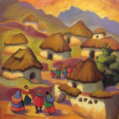 Casitas de la Raya - Cusco, olio su tela 30x30", opera astratta dai colori vivaci dell'artista peruviano