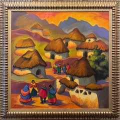 Casitas de la Raya - Cusco, olio su tela 30x30", opera astratta dai colori vivaci dell'artista peruviano