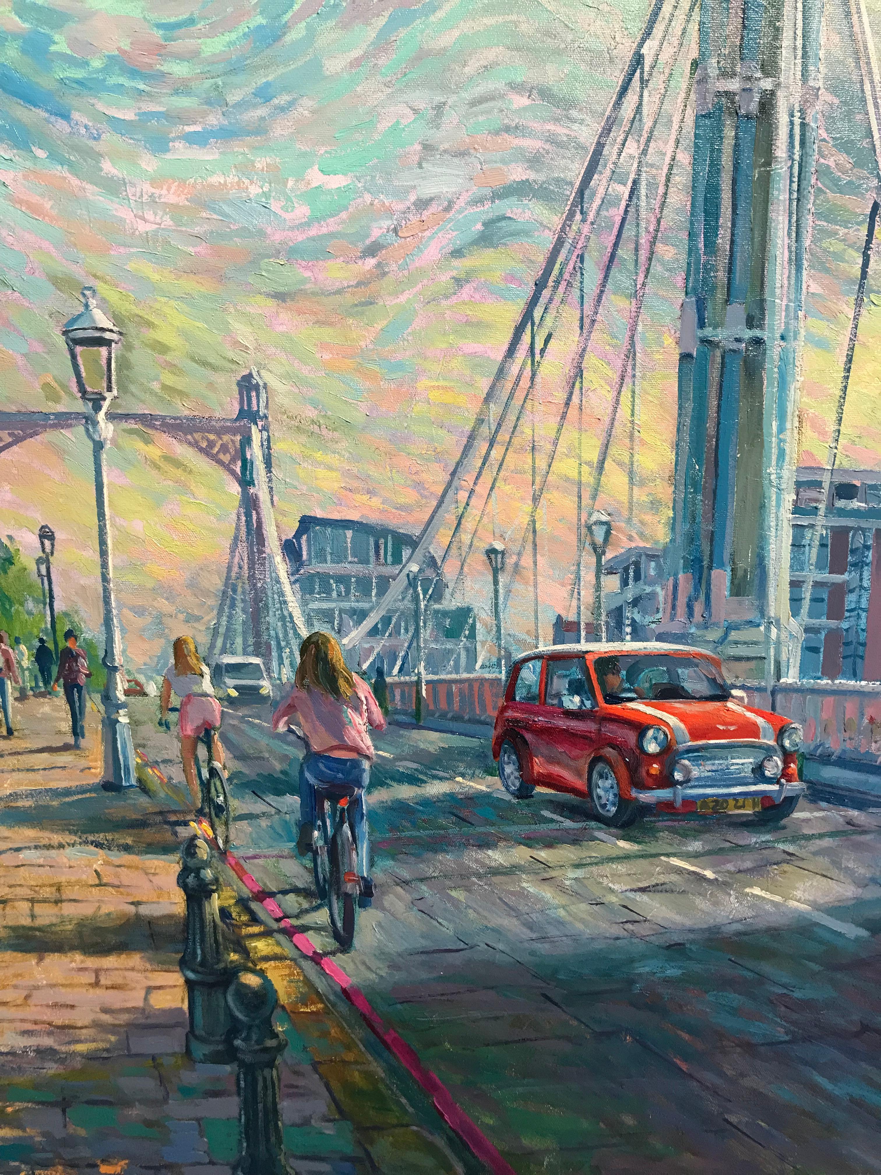 Albert Bridge Chelsea  -impressionismo originale Londra paesaggio urbano pittura ad olio - Painting di Juan del Pozo