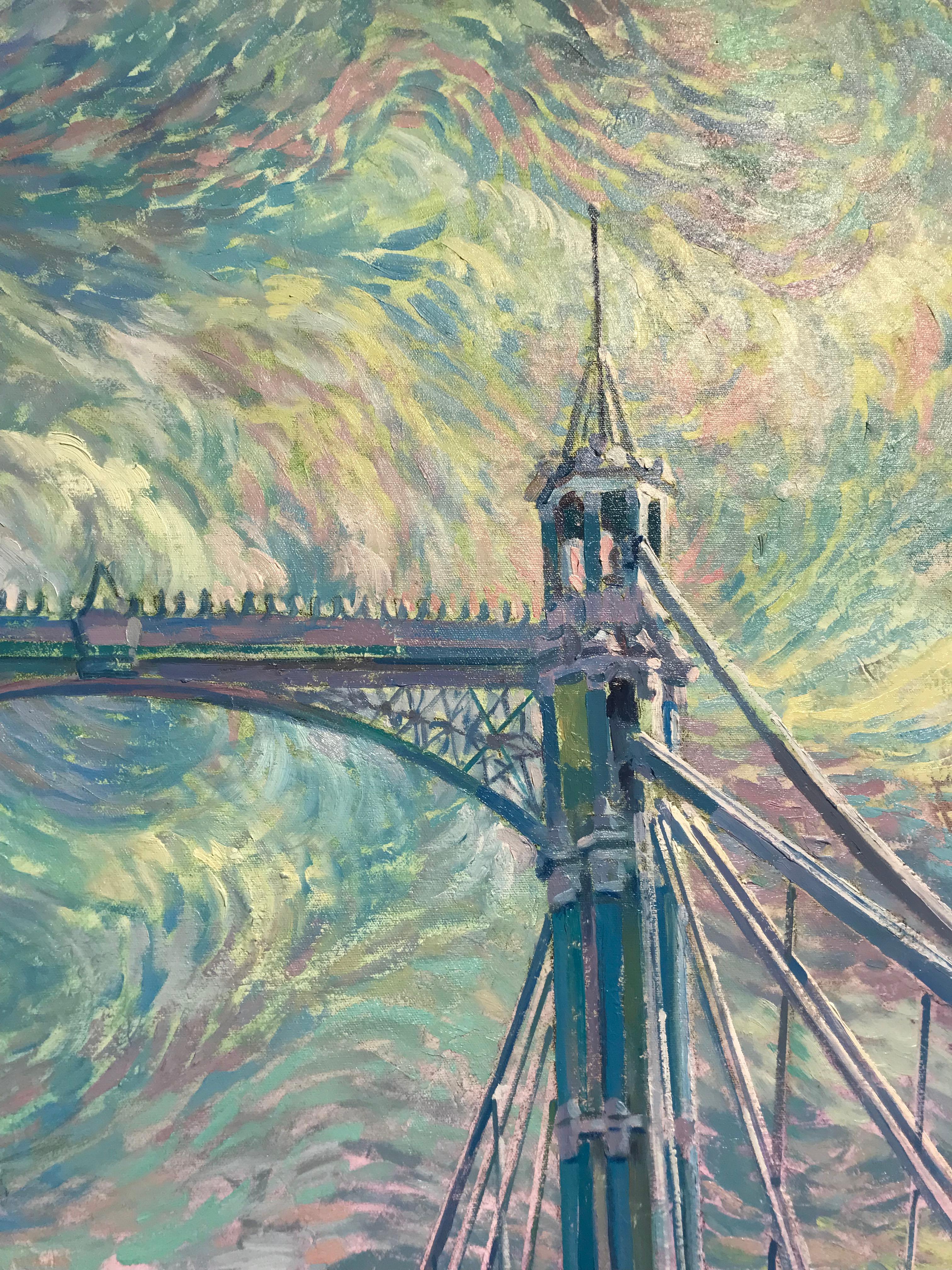 Albert Bridge Chelsea  -impressionismo originale Londra paesaggio urbano pittura ad olio - Painting Postimpressionismo di Juan del Pozo