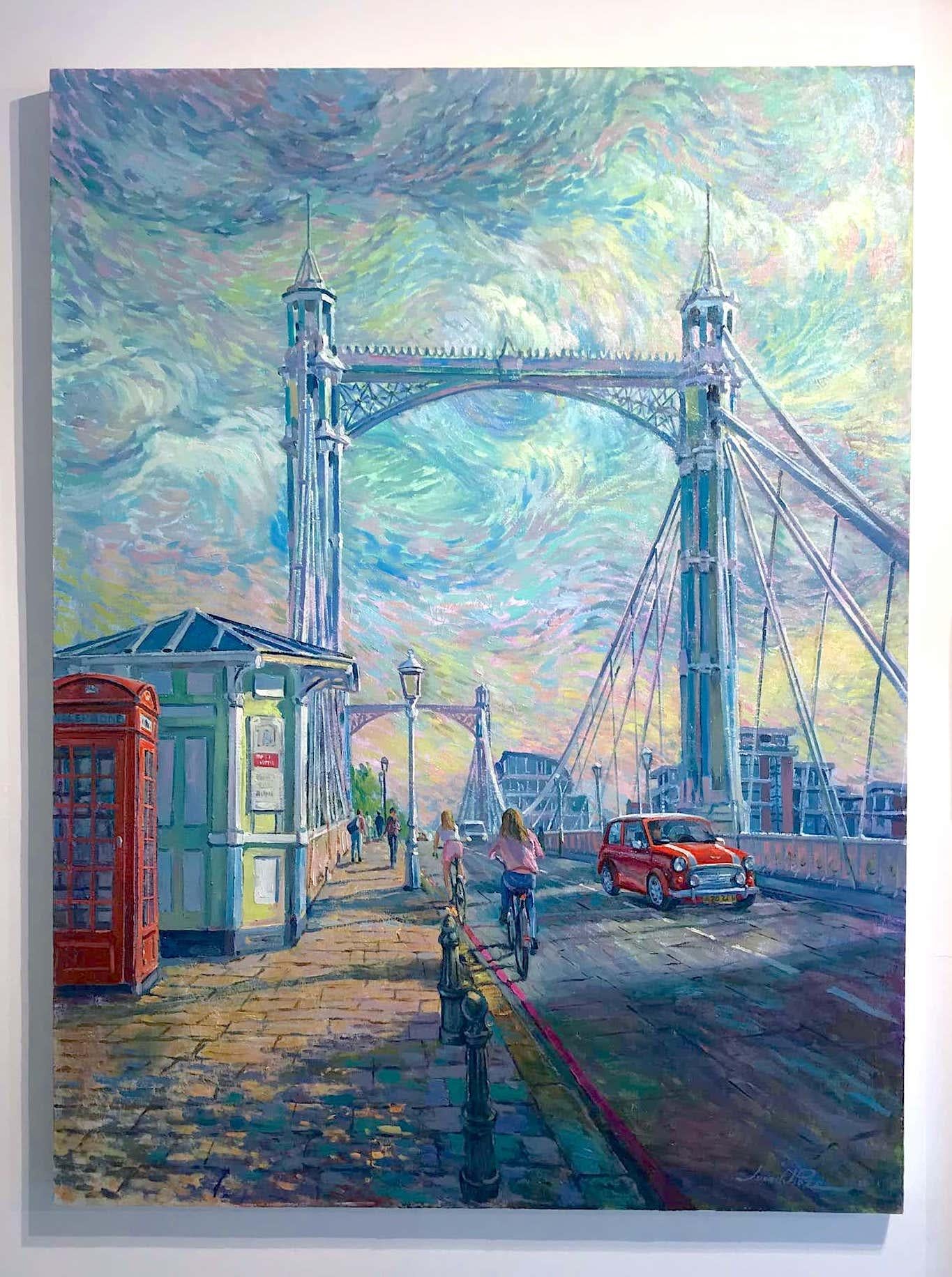 Albert Bridge Chelsea  -impressionismo originale Londra paesaggio urbano pittura ad olio - Landscape Painting Grigio di Juan del Pozo