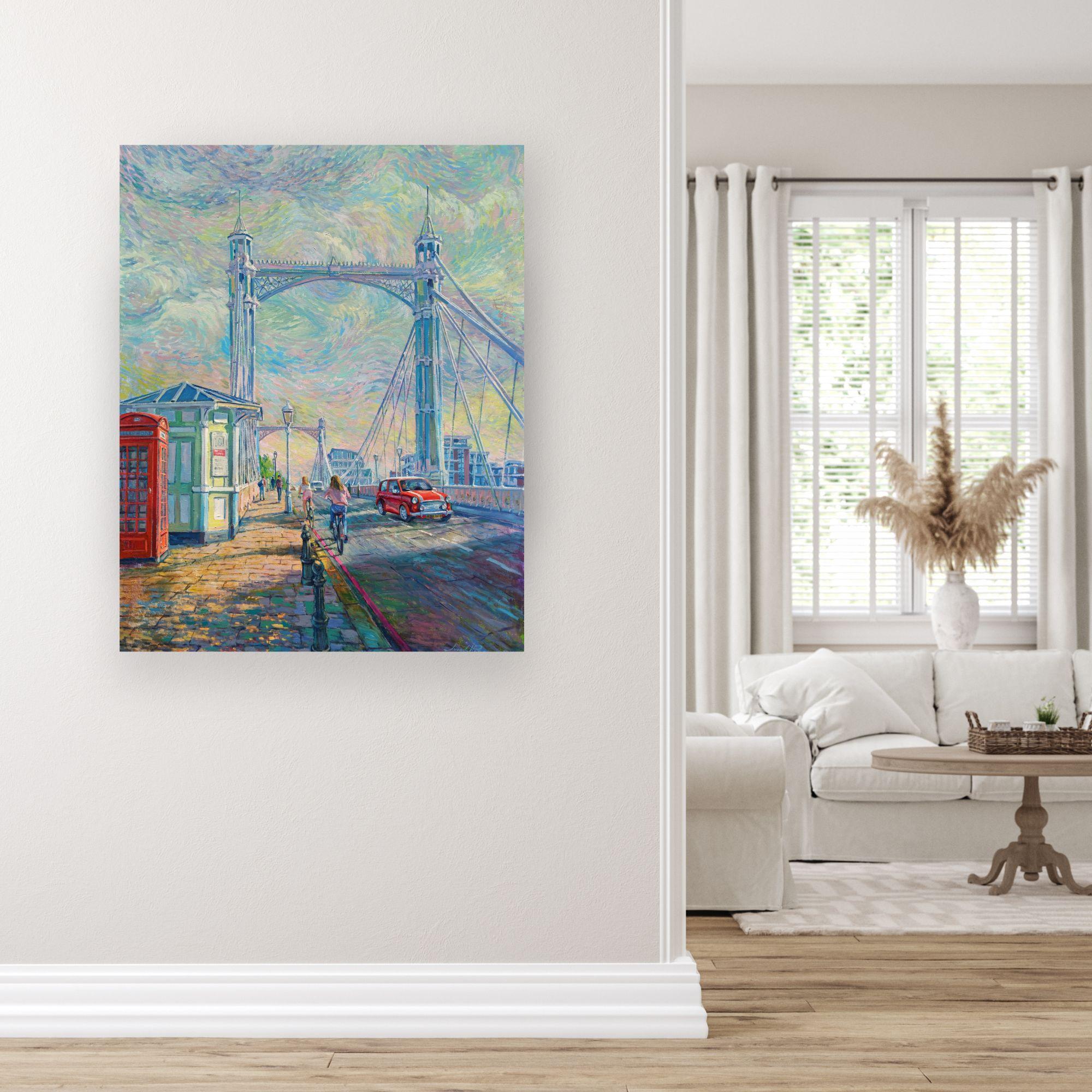 Albert Bridge Chelsea  -original impressionism London cityscape oil painting-art For Sale 3