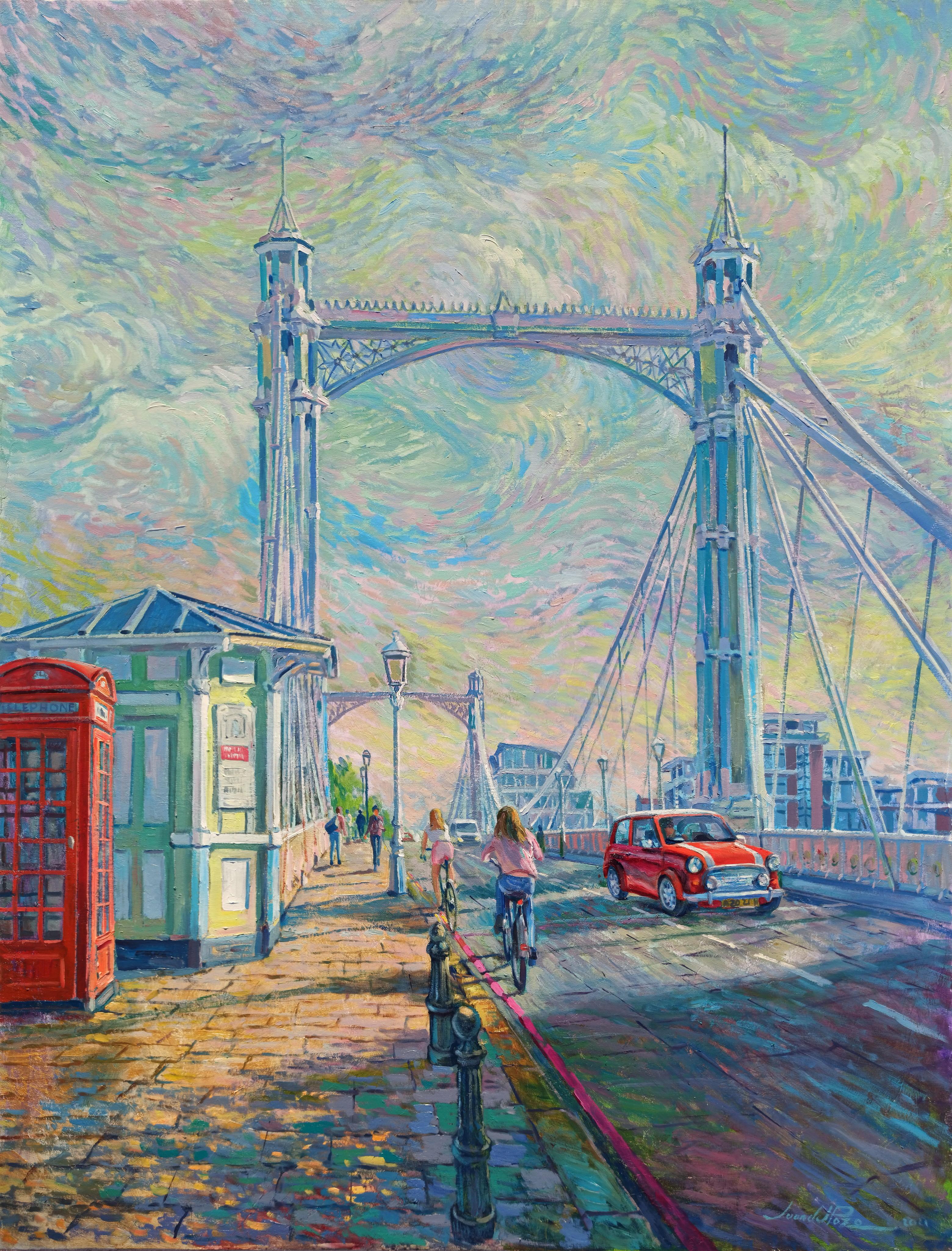 Albert Bridge Road-original impressionism London cityscape oil painting-art - Painting by Juan del Pozo