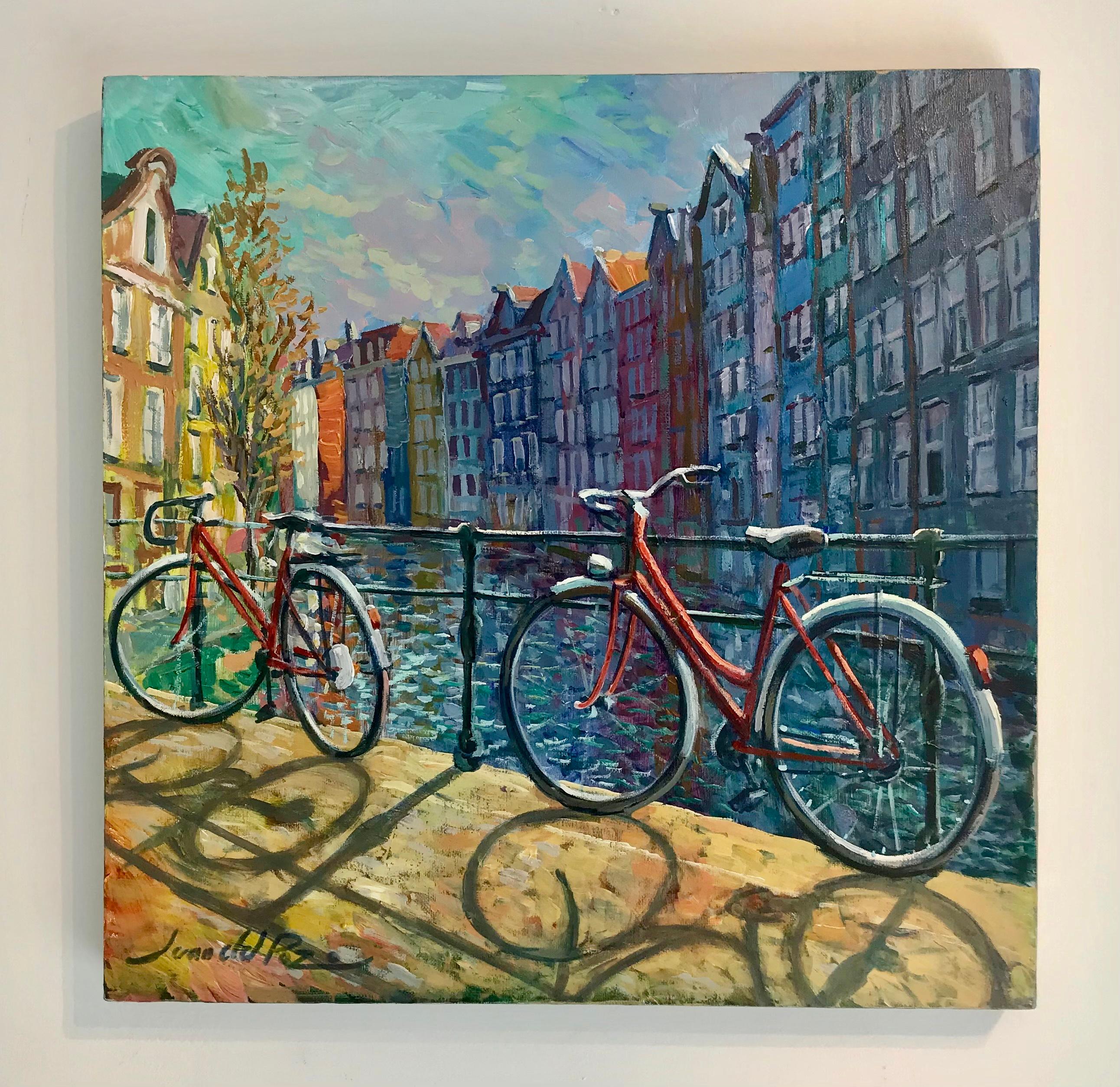 Amsterdam Bikes 2-original impressionism cityscape oil painting-contemporary Art - Painting by Juan del Pozo