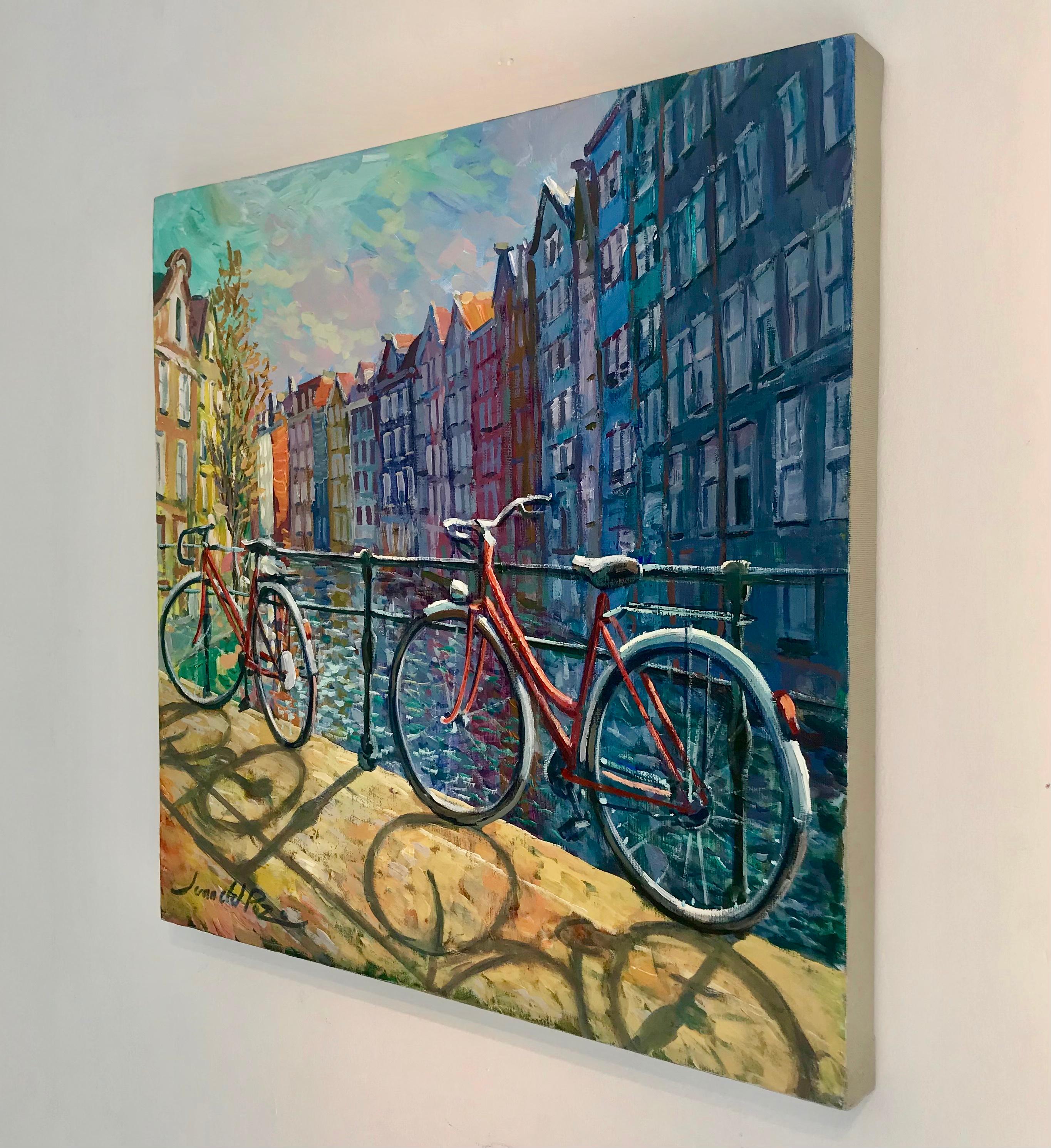 Amsterdam Bikes 2-original impressionism cityscape oil painting-contemporary Art - Impressionist Painting by Juan del Pozo