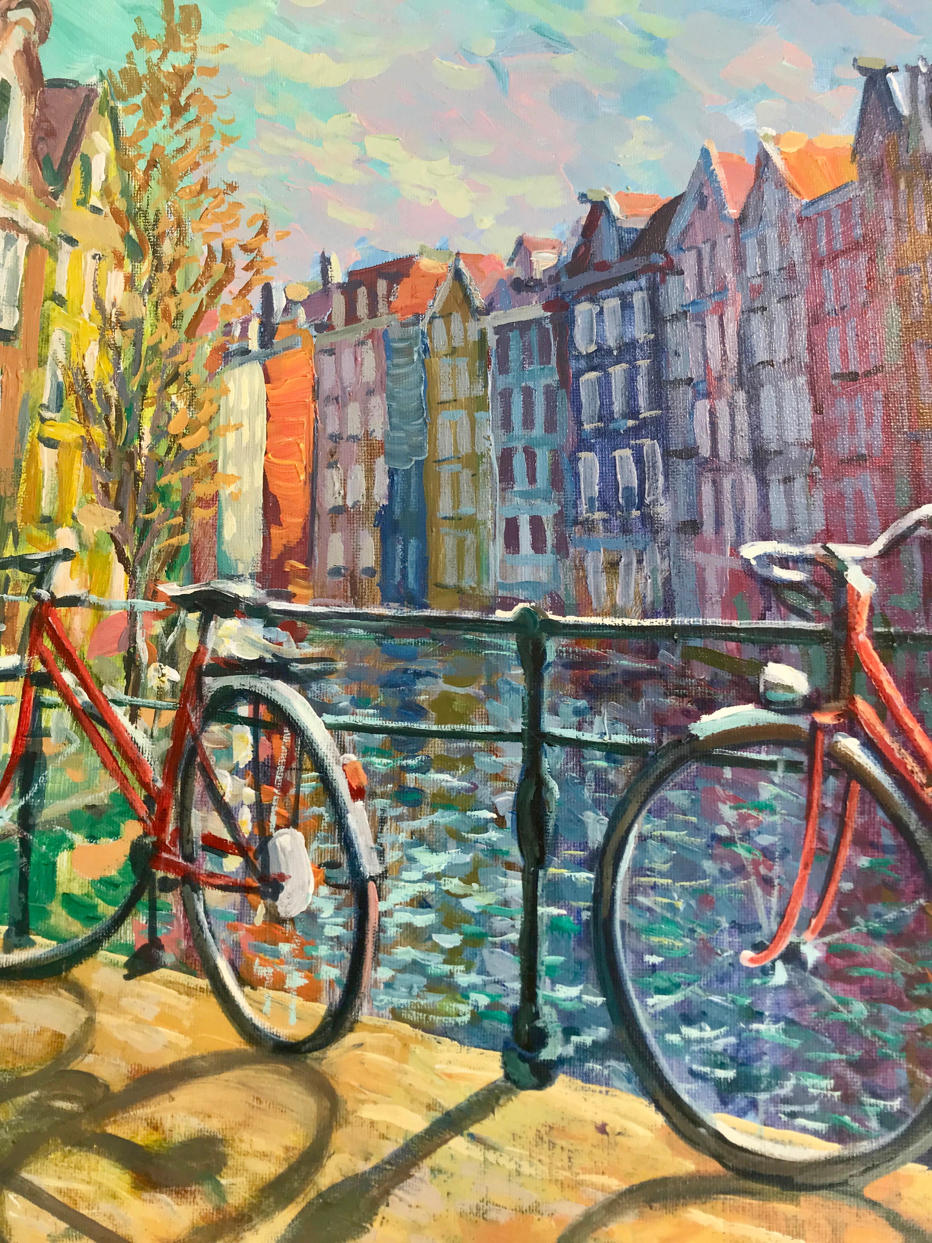 Amsterdam Bikes 2-original impressionism cityscape oil painting-contemporary Art For Sale 1