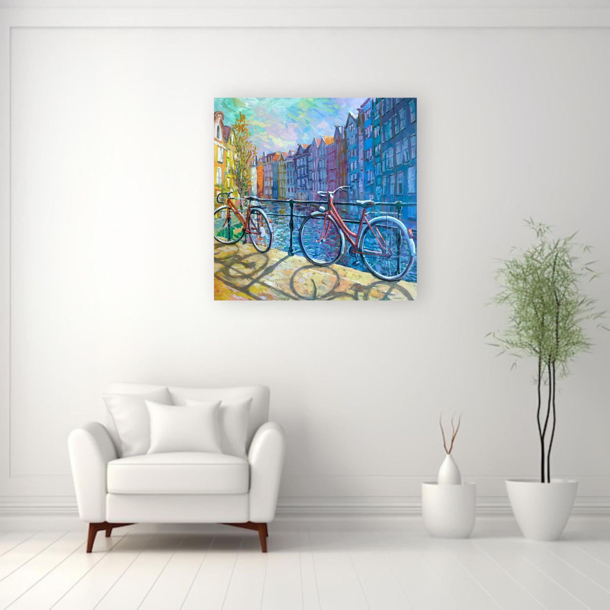 Amsterdam Bikes 2-original impressionism cityscape oil painting-contemporary art For Sale 2