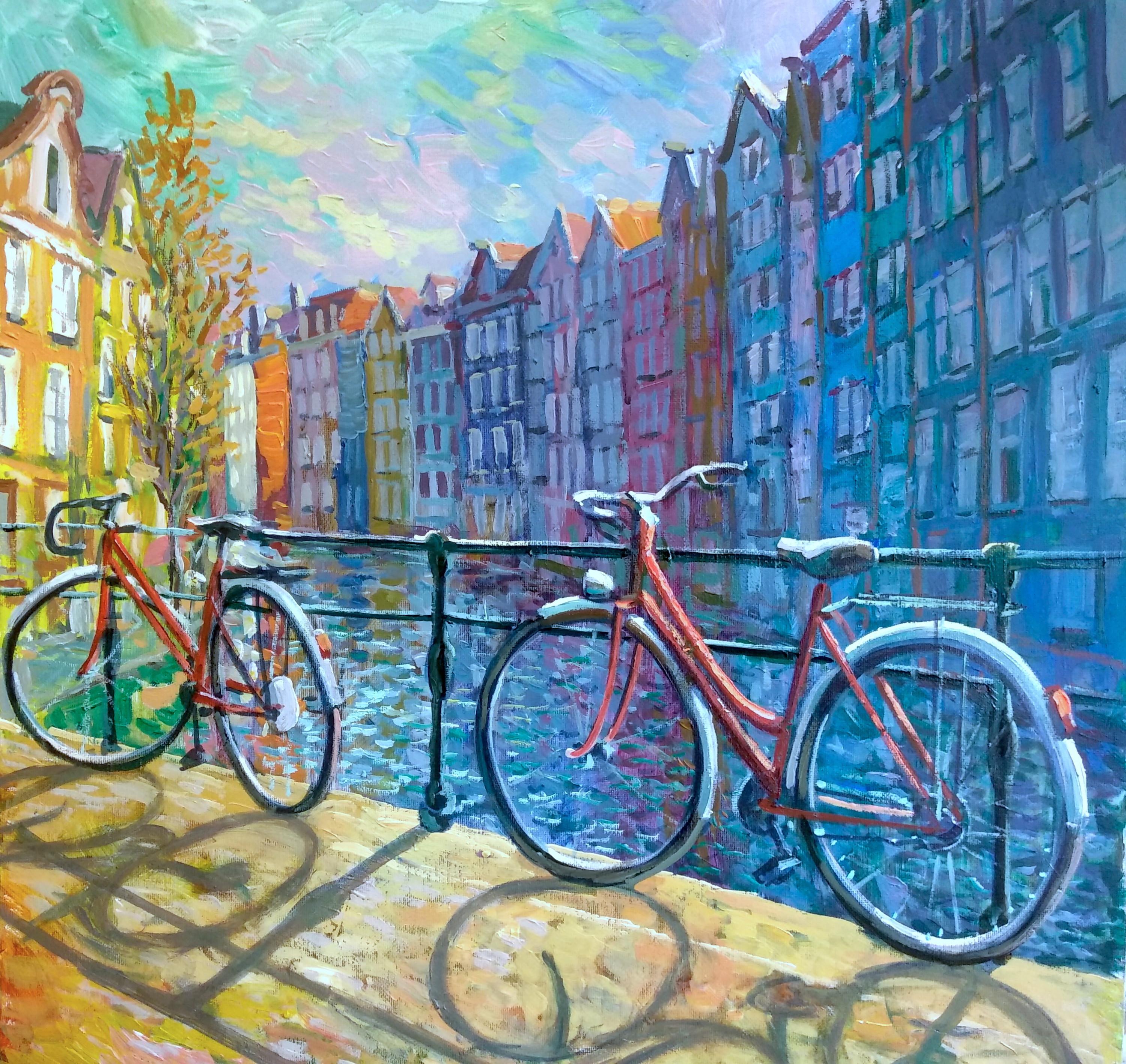 Juan del Pozo Landscape Painting - Amsterdam Bikes 2-original impressionism cityscape oil painting-contemporary Art