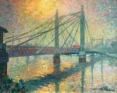 Bridge & Sun original city  landscape oil painting Contemporary Art 21st Century