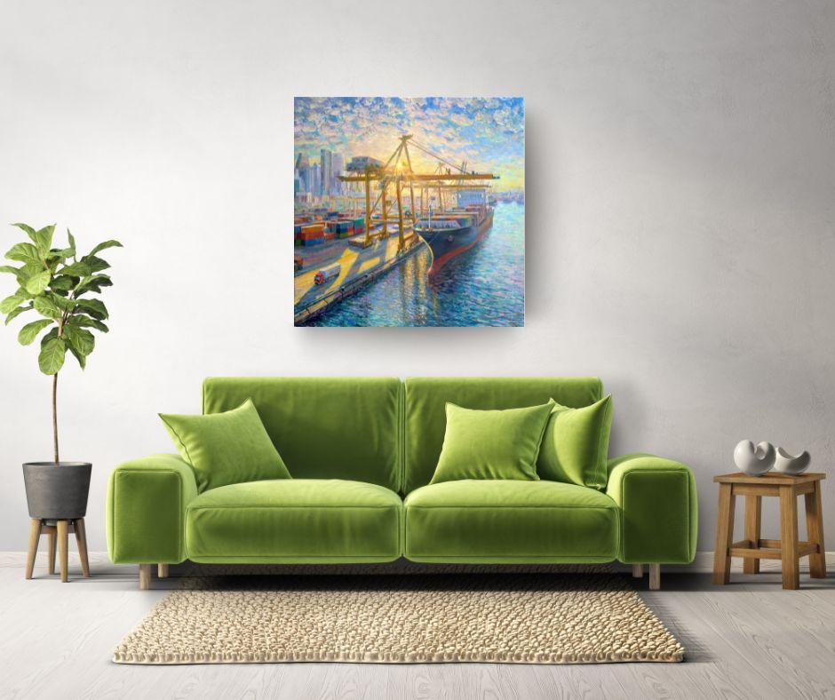 Cargo Ship Sunset - peinture à l'huile originale d'un paysage urbain - œuvre d'art contemporain - Painting de Juan del Pozo