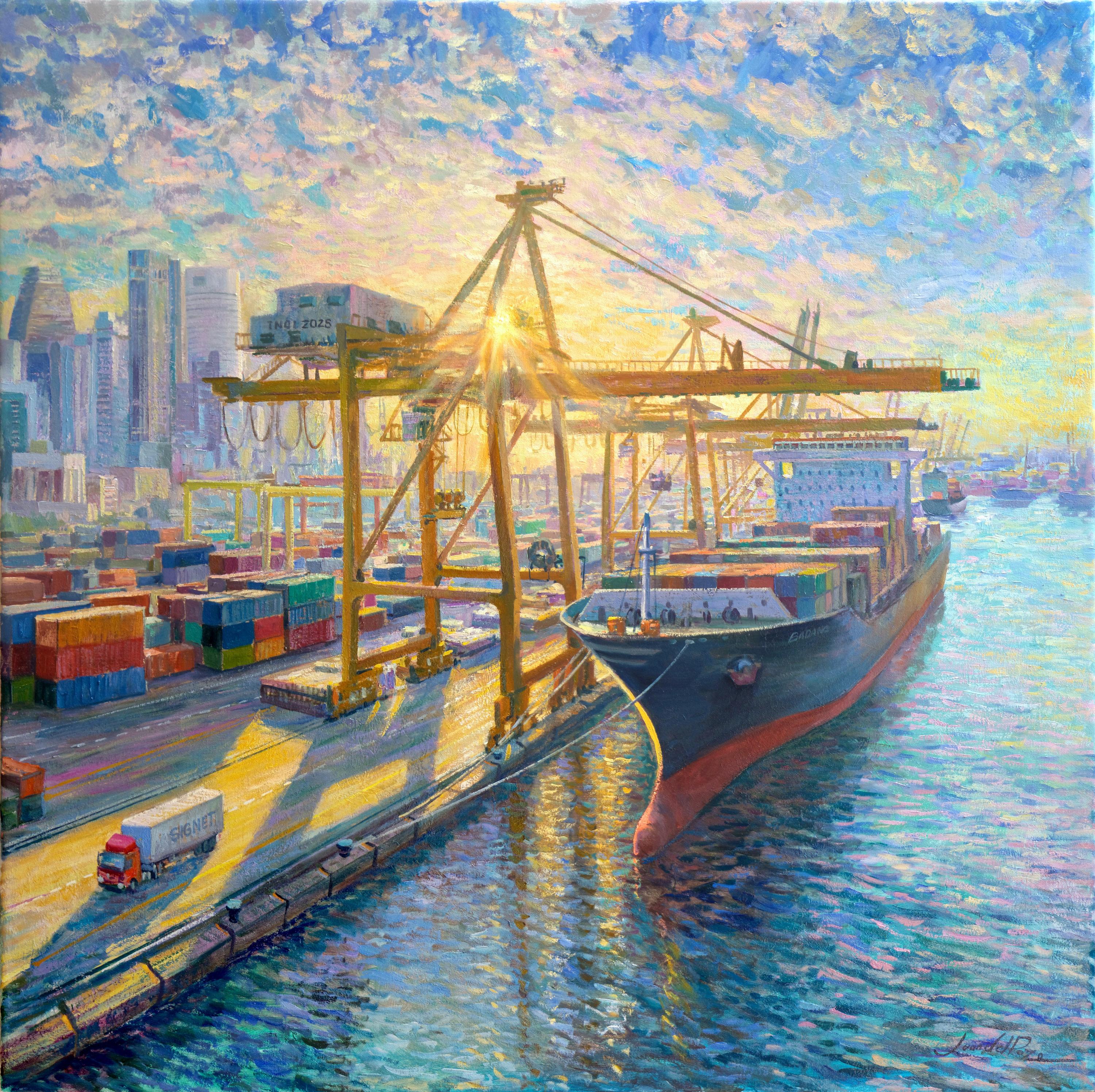 Cargo Ship Sunset - peinture à l'huile originale d'un paysage urbain - œuvre d'art contemporain