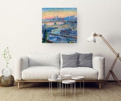 Cheyne Walk Oil Painting, original Contemporary Impressionist Cityscape 80x80cm