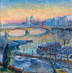 Cheyne Walk Oil Painting, original Contemporary Impressionist Cityscape 80x80cm