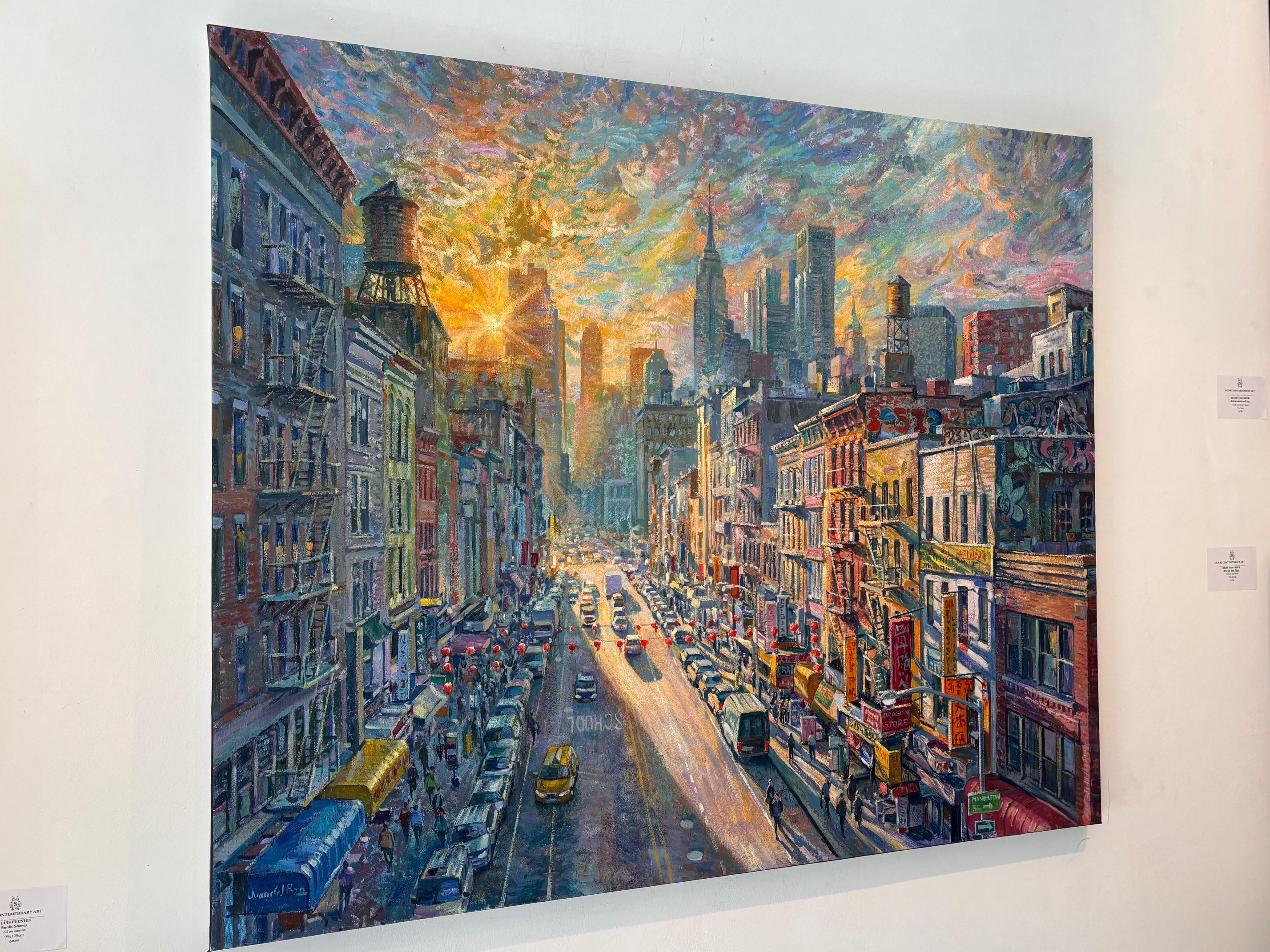 Chinatown - obra original de paisaje urbano - arte impresionista - pintura al óleo - Painting Impresionista de Juan del Pozo