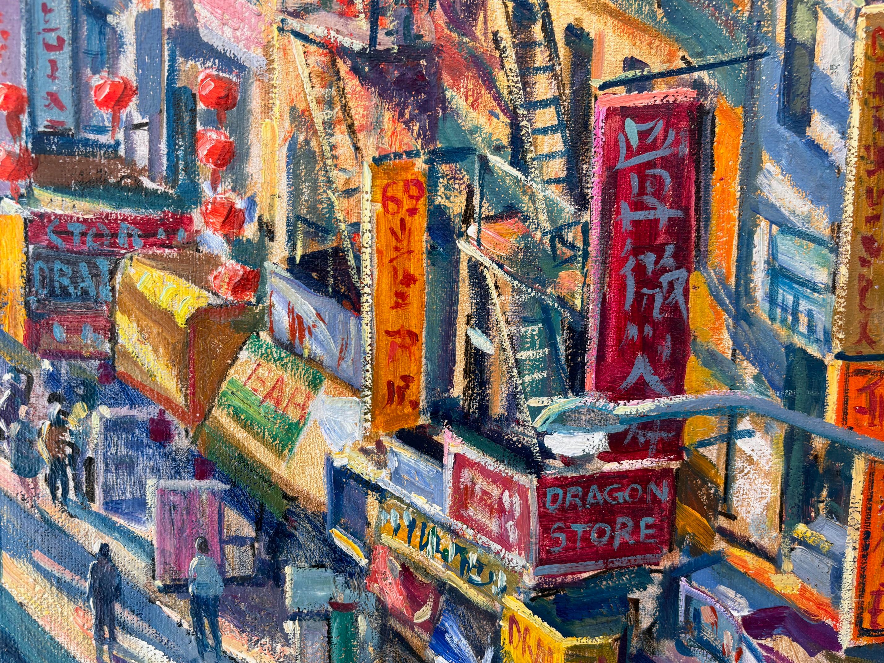 Chinatown - obra original de paisaje urbano - arte impresionista - pintura al óleo - Figurative Painting Gris de Juan del Pozo