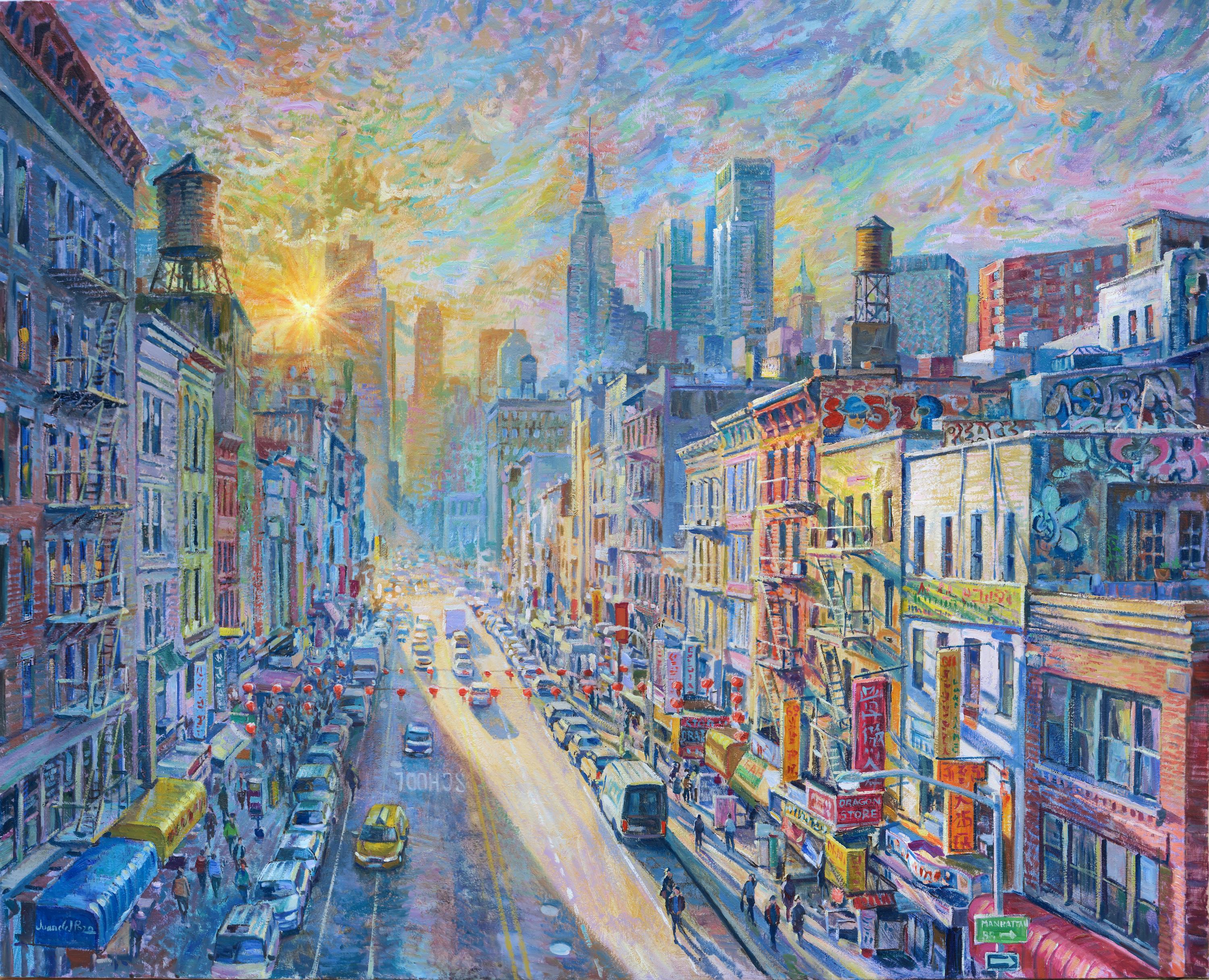 Chinatown - obra original de paisaje urbano - arte impresionista - pintura al óleo