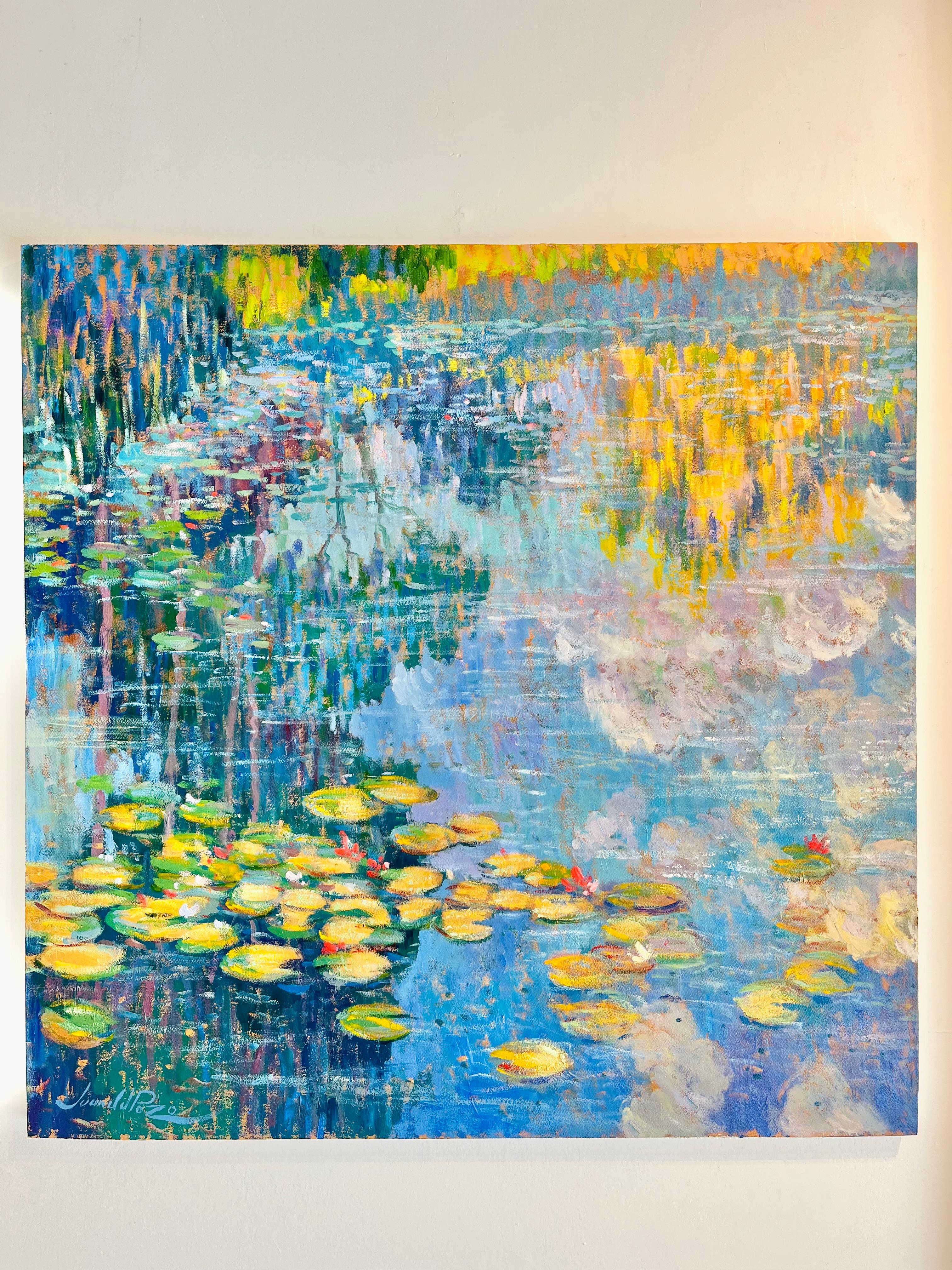 Diptych Water Lilies-original impressionist landscape painting-contemporary Art  - Painting by Juan del Pozo
