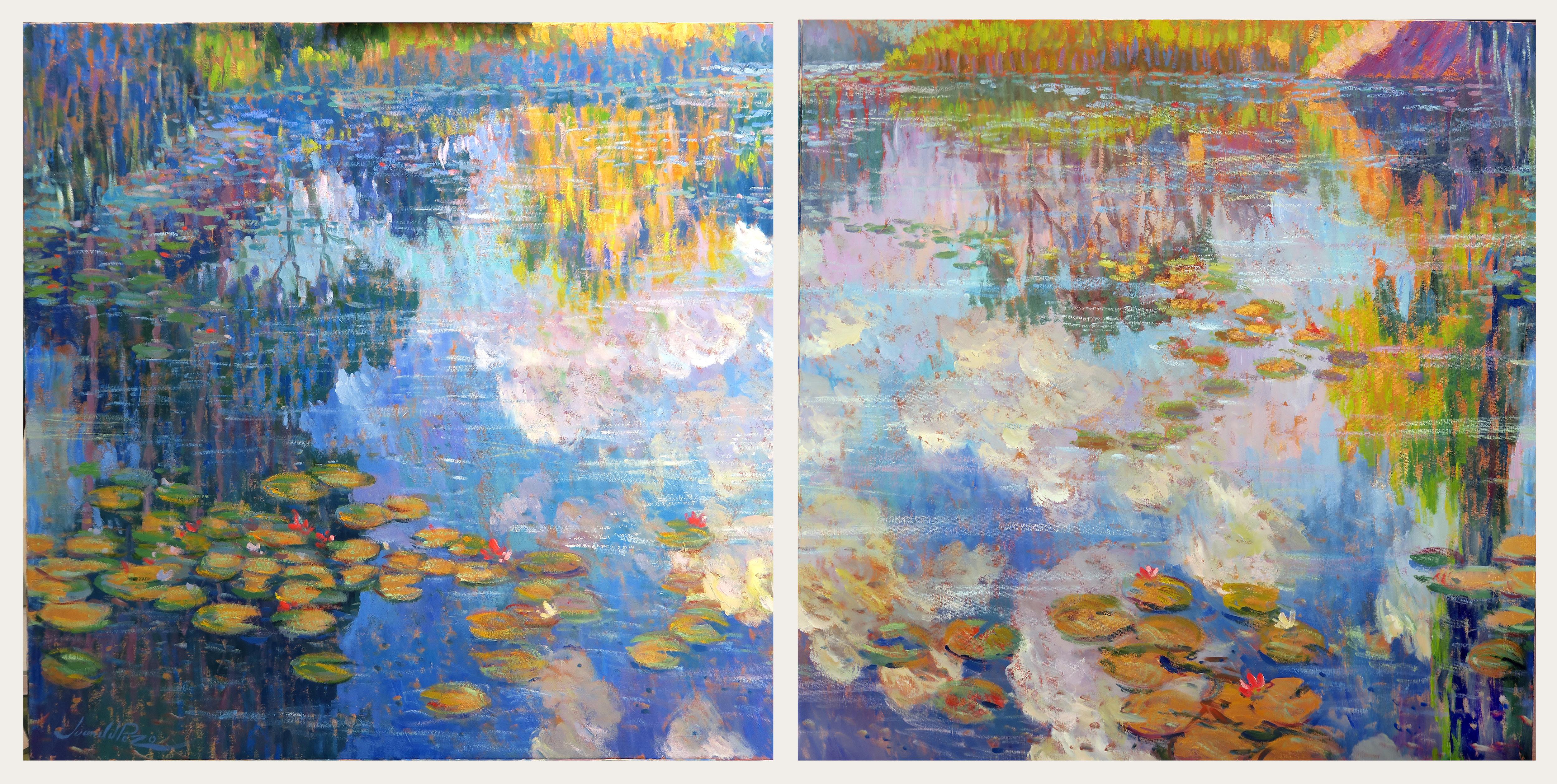 Juan del Pozo Landscape Painting - Diptych Water Lilies-original impressionist landscape painting-contemporary Art 